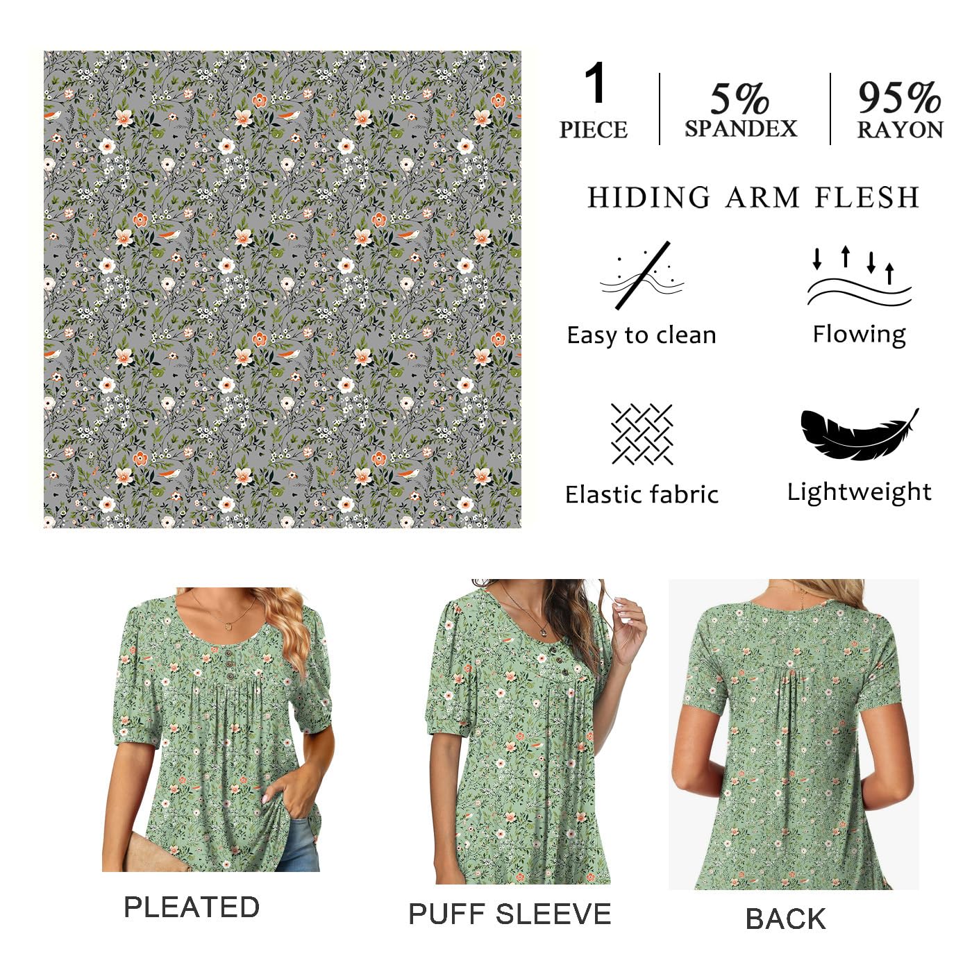 POPYOUNG Women's Tunic Loose Fit Dressy Blouse Ladies Elbow Sleeve Tops Wear with Leggings L, Floral Black