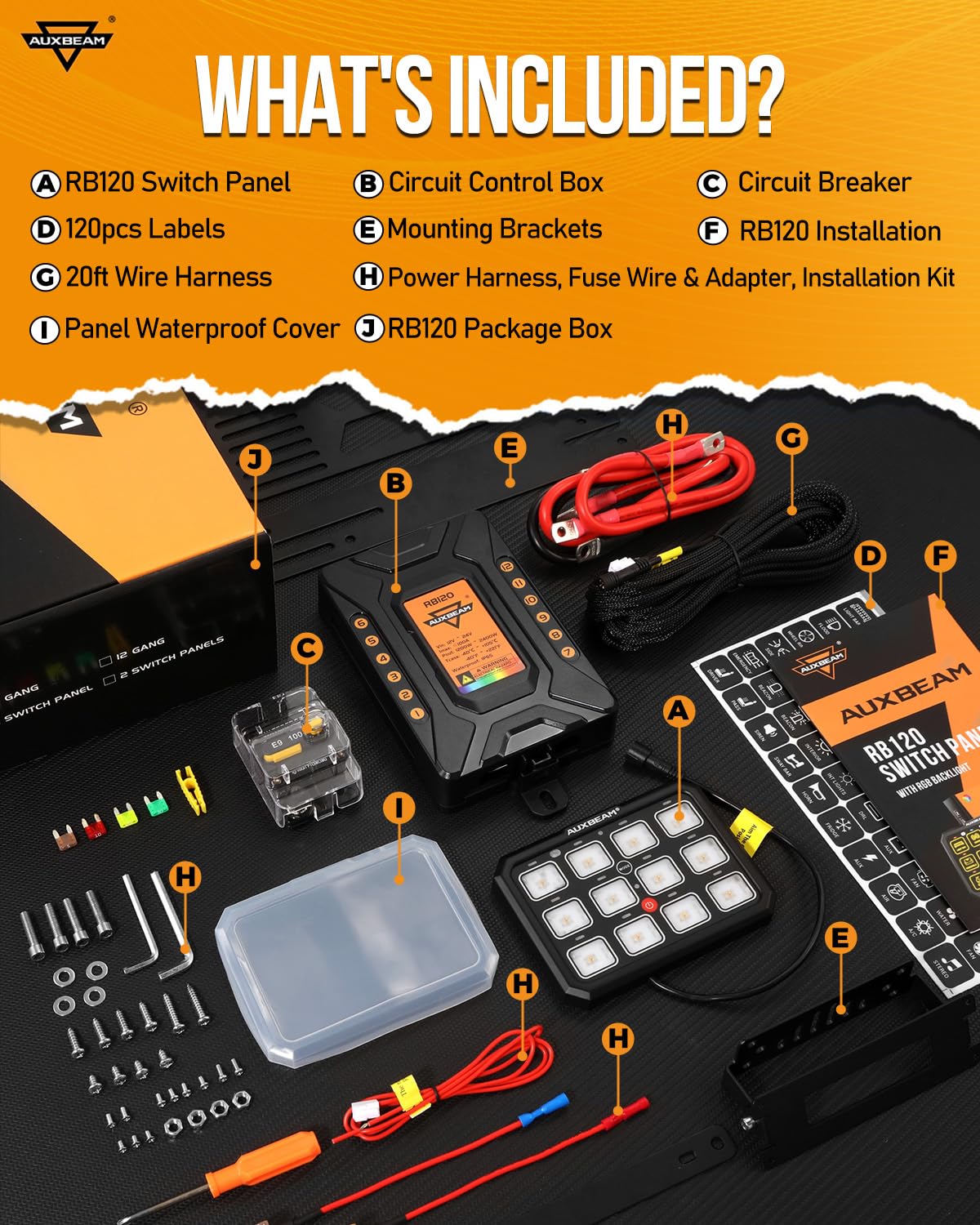 Auxbeam 12 Gang Switch Panel RGB RB120 Toggle Momentary Pulsed Dimmable Backlight Multifunction Switch Panel Two Sided Output for 12-24V Truck Offroad UTV ATV Car Marine Waterproof 2 Years Warranty
