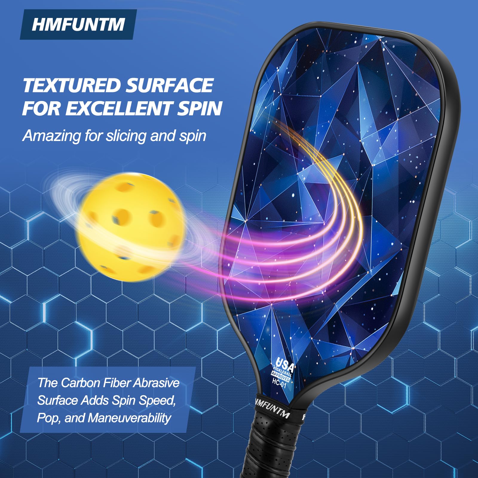 HMFUNTM Pro Carbon Fiber Pickleball Paddle, Professional Pickleball Paddles with Grit Texture for Increased Spin, Power, Control, Lightweight Pickleball Racket with Paddle Cover, USAPA Standard, Blue