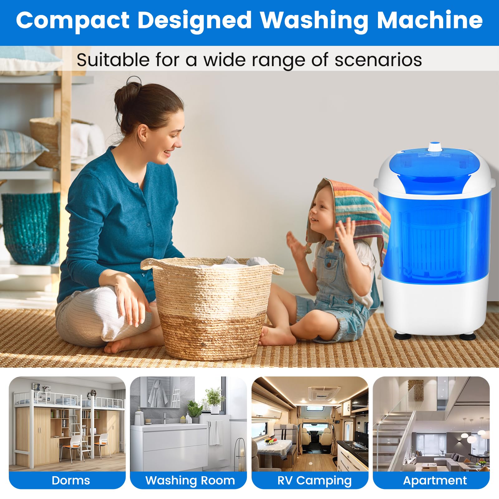 COSTWAY Portable Mini Washing Machine with Spin Dryer, Washing Capacity 5.5lbs, Electric Compact Machines Durable Design Energy Saving, Rotary Controller, Laundry Washer for Home Apartment RV, Blue