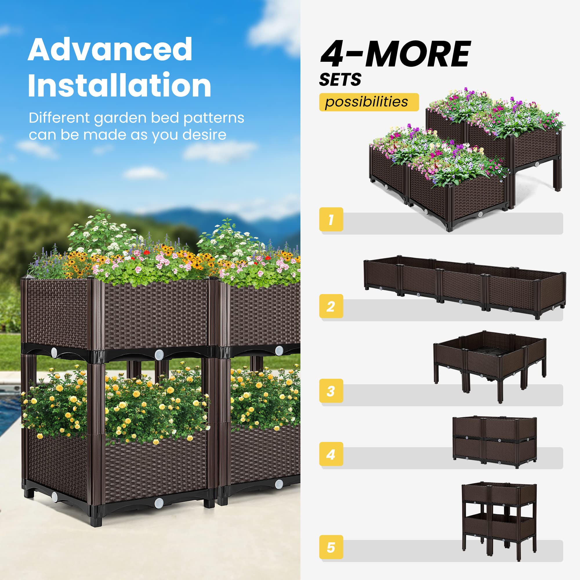VIVOHOME 4 Packs Elevated Plastic Raised Garden Bed Planter Kit, Outdoor Planters Above Ground Flower Vegetable Standing Box for Patio Deck Porch W/Drainage Holes