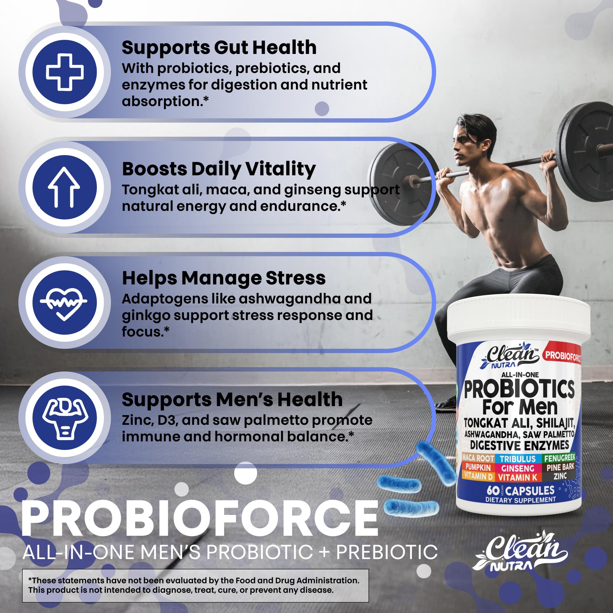 Clean Nutra Probiotics for Men | Tongkat Ali, Saw Palmetto, Tribulus, Ginseng, Ashwagandha, Maca, Pumpkin, Gingko Biloba, Pine Bark, Fenugreek, Shilajit, Zinc - Mens Probiotic 60 Capsules