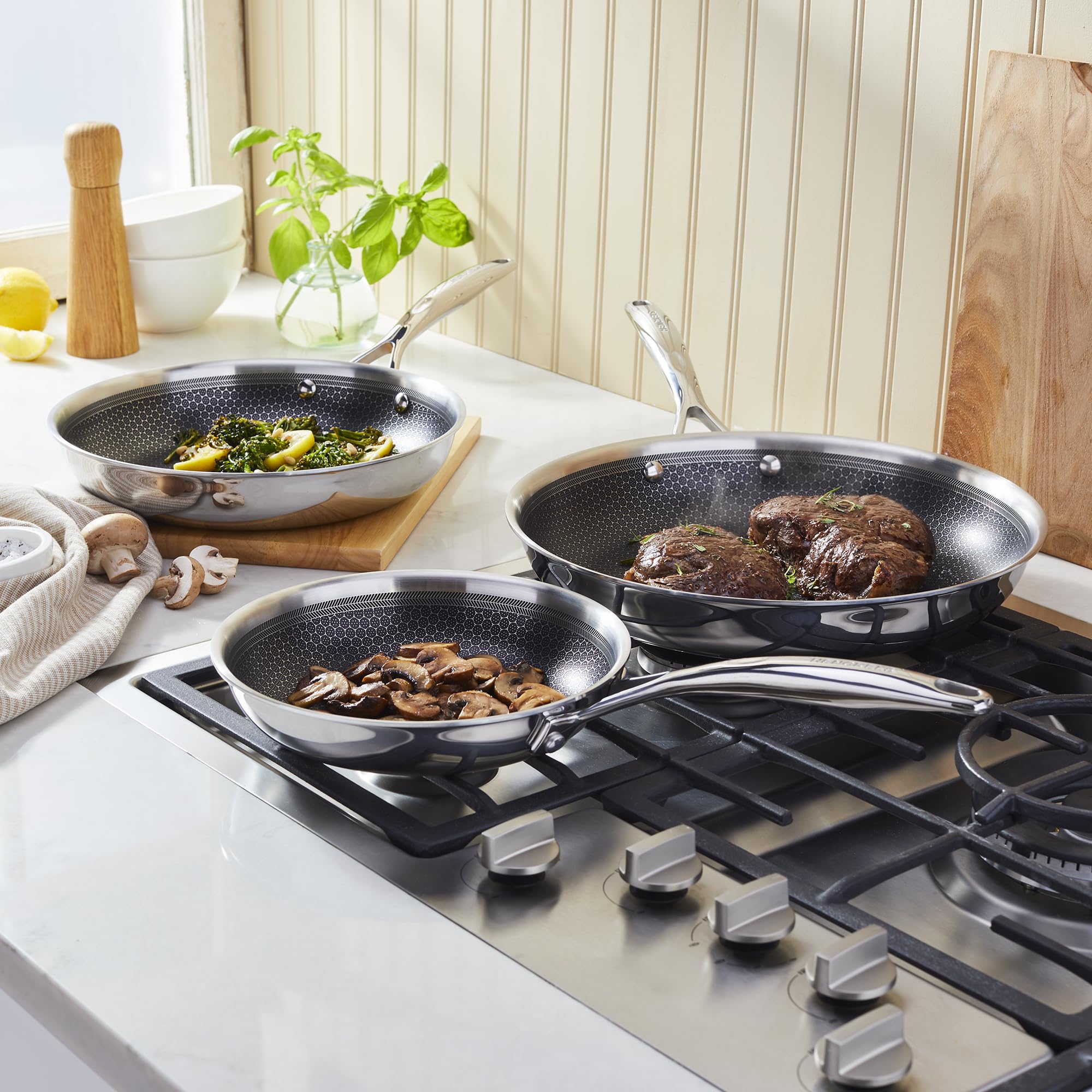 HENCKELS Paradigm 5-pc Cookware Set, Nonstick Frying Pan and Silicone Utensil Set, 3-Ply Stainless Steel Skillets for Induction Cooktop, Gas & Electric Stovetops – Dishwasher Safe & Oven Safe