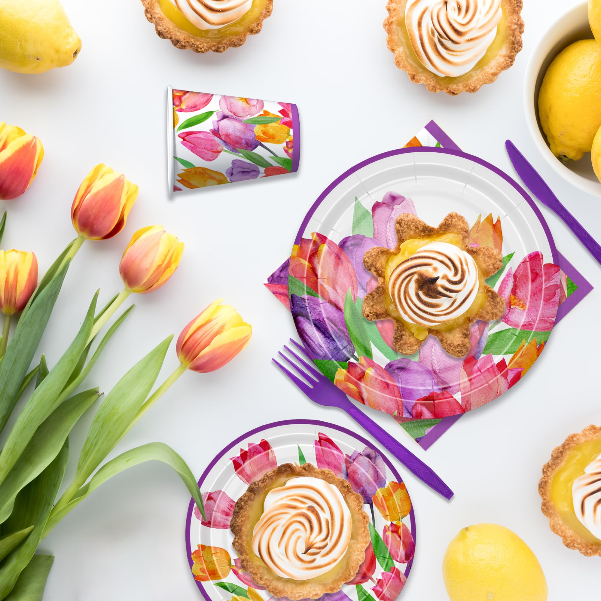 APOWBLS Tulip Floral Plates And Napkins Party Supplies, Tulip Flower Party Decorations Tableware, Plate, Cup, Napkin, Spring Summer Tulip Party Supplies For Birthday Baby Shower Tea Party | Serve 24
