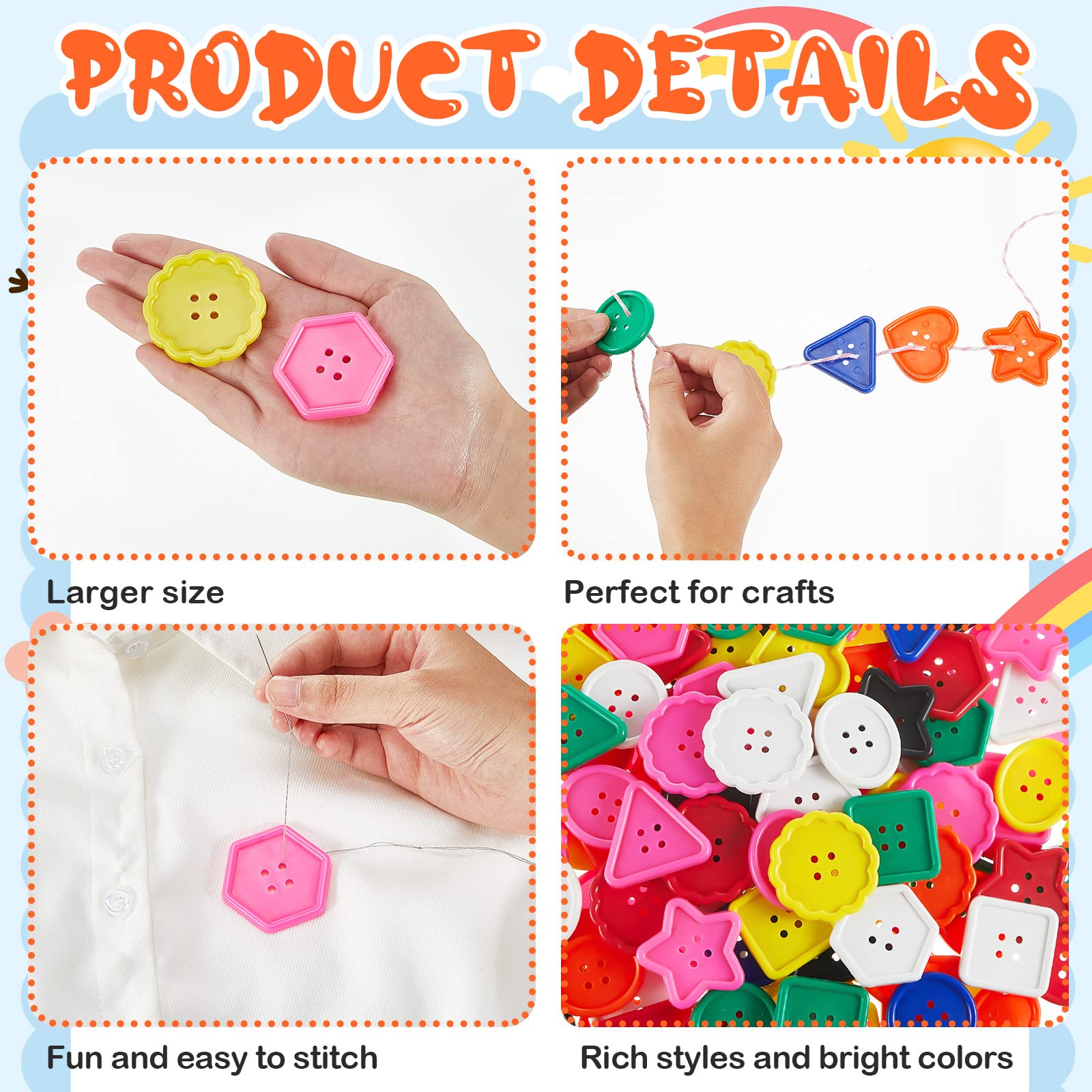 150 Pieces Big Bright Buttons for Kids 8 Vivid Colors and 8 Large Shapes for Crochet Knitting Arts and Crafts Projects Hand Made Gifts