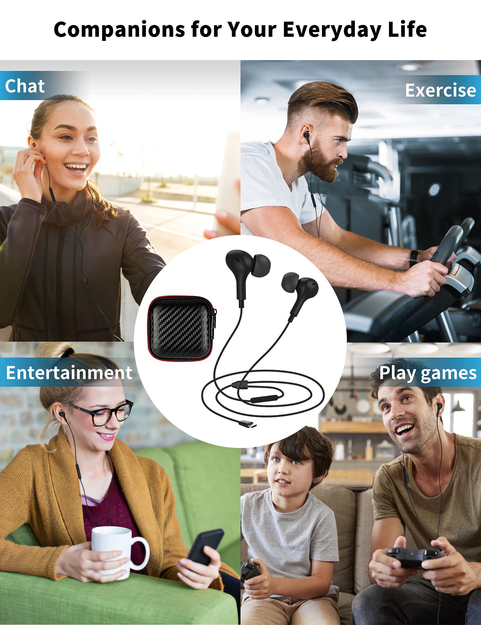 USB C Headphone for Samsung S23 FE S22 S21 S20 A53 A54 Wired Earbuds Magnetic in-Ear Type C Earphone with Microphone Volume Control Bass Stereo Noise Canceling for iPhone 15 Pro Max Pixel 6 6a 7a 8 5