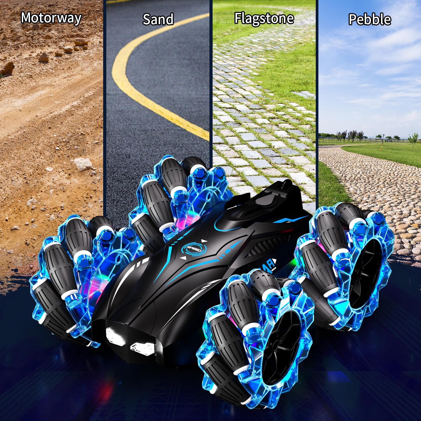 Aiqi RC Gesture Sensing Stunt Car,2.4GHz 4WD Remote Control Car with Cool Light,Double Sided Rotating Off Road Vehicle 360° Flips Cars for 6-12 Year Old Boys Girls Birthday Presents(Blue)