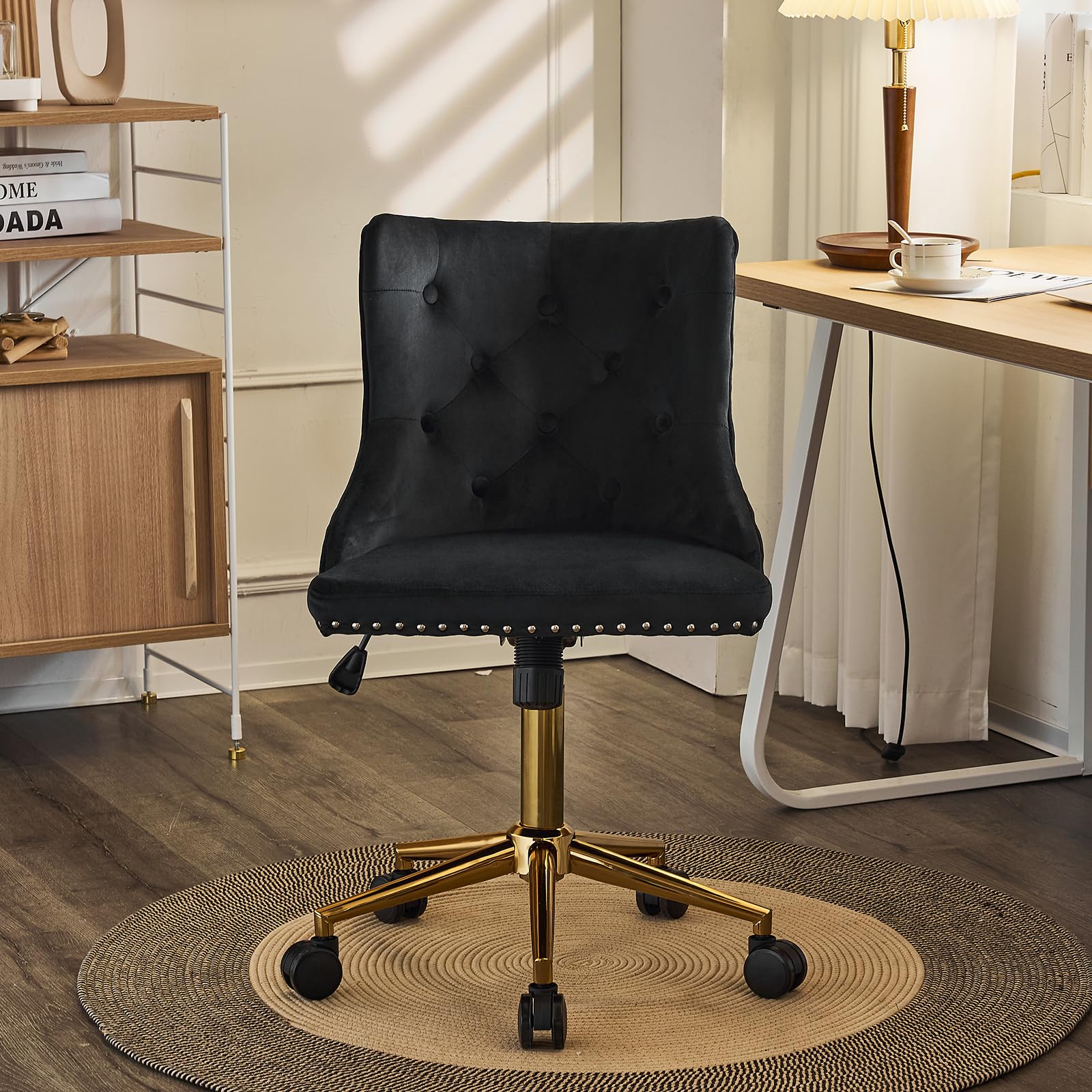 VINGLI Black Velvet Armless Home Office Desk Chair with Gold Base/Wheels, Small Cute Vanity/Makeup Chair with Back for Bedroom, Upholstered Adjustable Rolling Swivel Nail Chair for Women/Girls