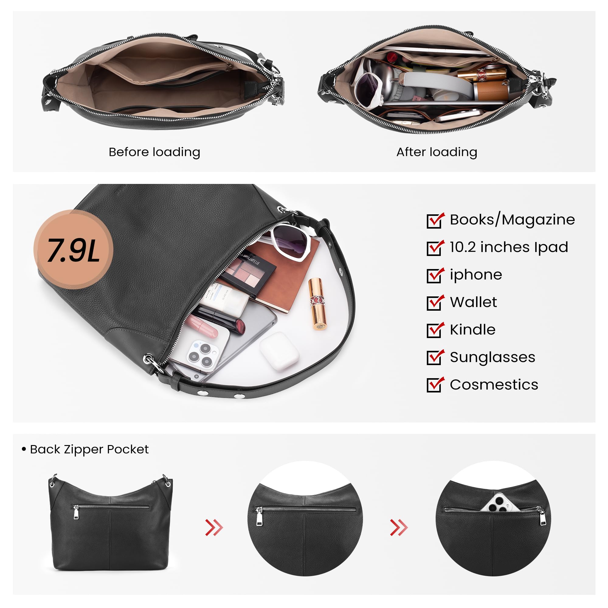 befen Genuine Leather Hobo Crossbody Bags for Women, Black Soft Real Leather Hnadbags Womens Crossbody Purse Shoulder Bag Everyday Hobo Bags with Adjustable Strap & Tassel for Work& Daily & Travel