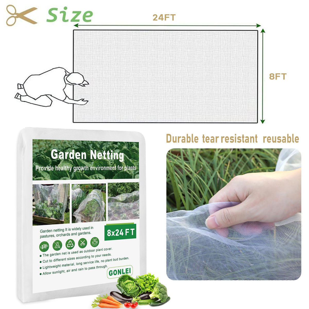 GonLei Garden Netting 8 X 24 FT Garden Mesh Netting Protection Plant Cover Screen Vegetable Row Cover,Cicada Netting for Trees Blueberry Shrubs Fruits Flowers Garden Screen Barrier Net