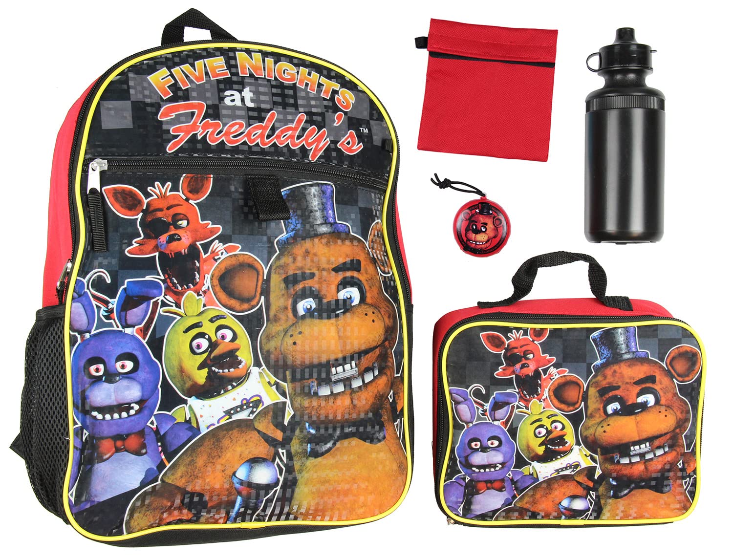 Bioworld Five Nights At Freddy's 16" Backpack Lunch Box Water Bottle Lunch Kit -5 Piece Set