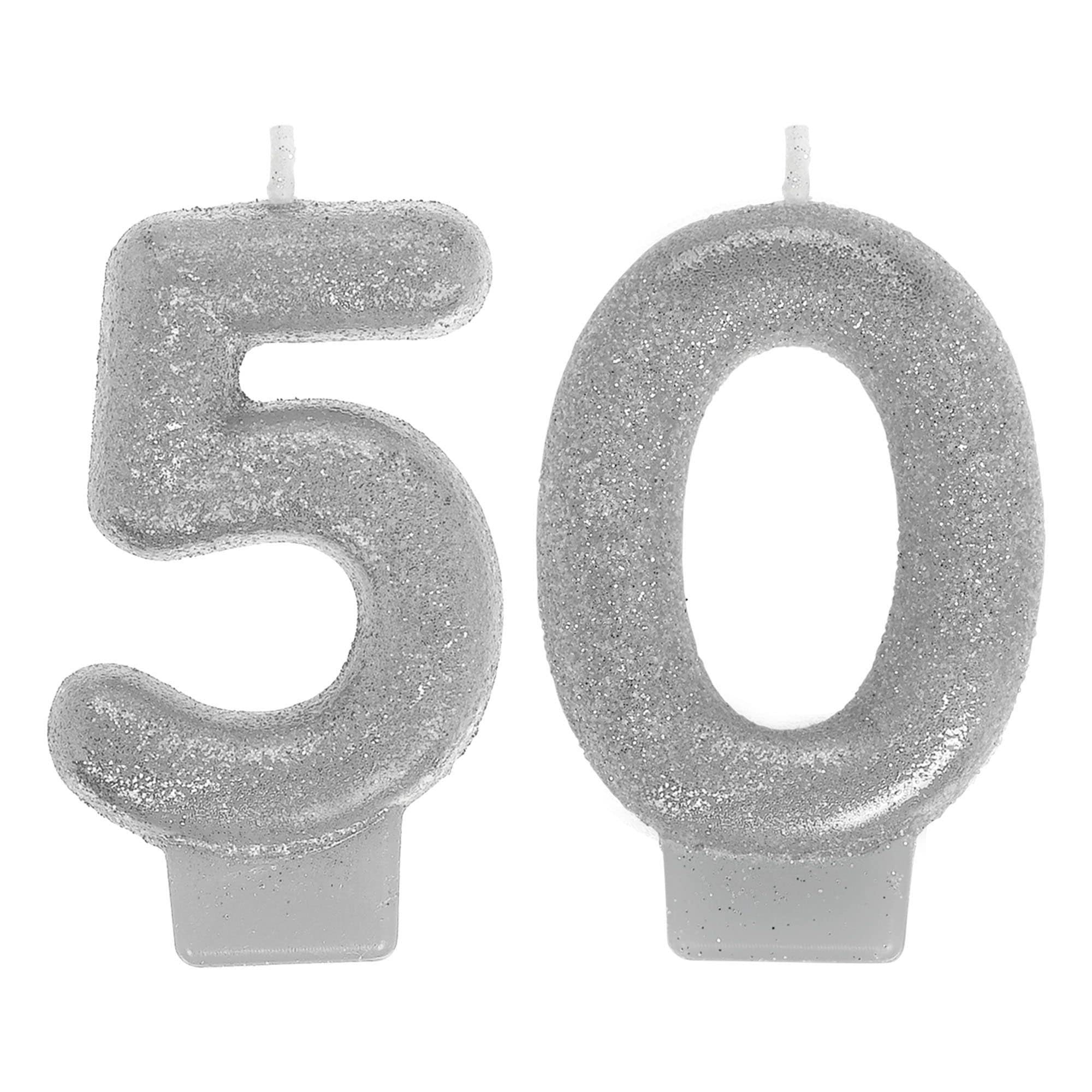 Sparkling Celebration 50th Silver Numeral Candles - 3" (Pack of 2) - Vibrant & Eye-Catching Design - Ideal Party Accessory