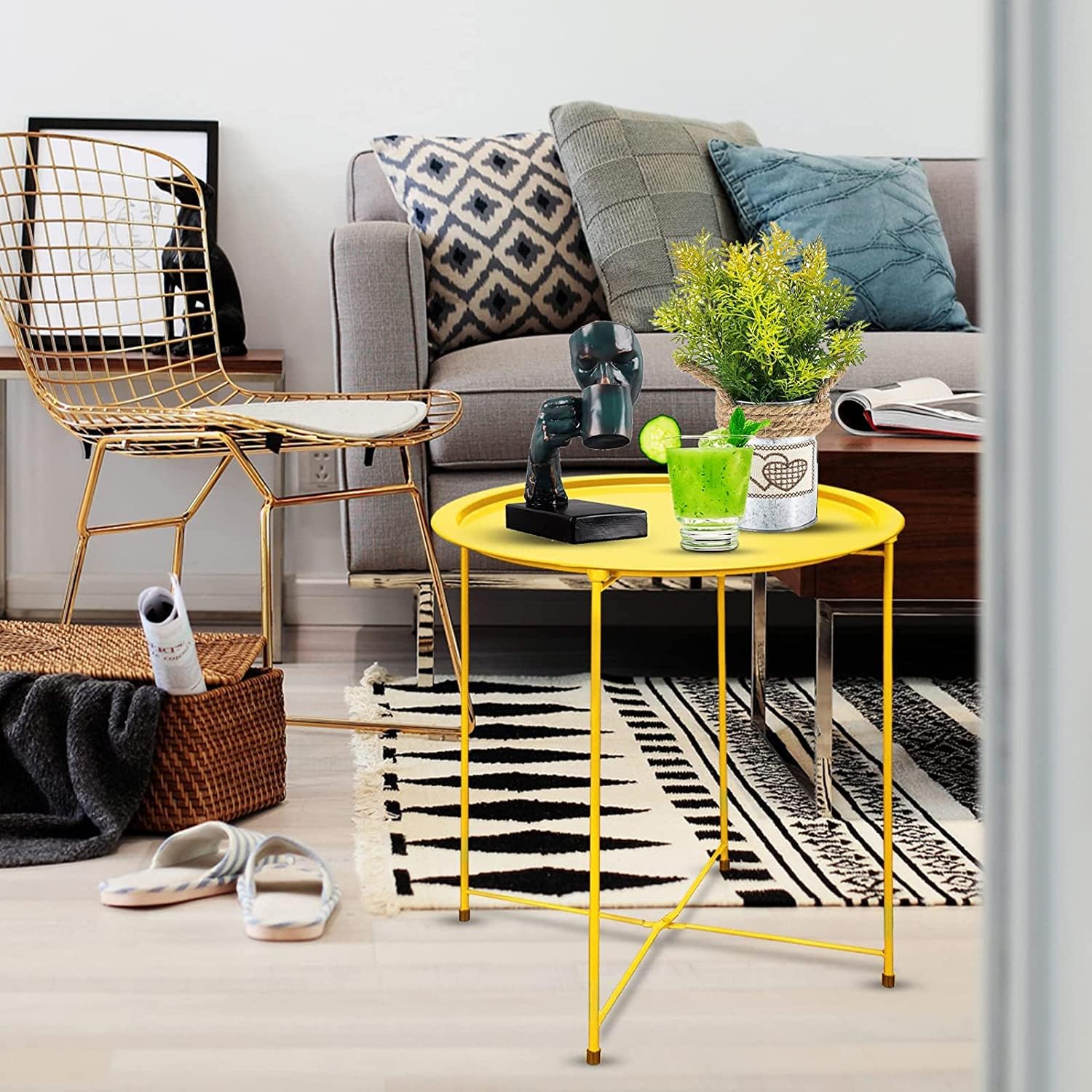 Garden 4 you End Table Outdoor Side Table, Small Patio Table Metal Side Table, Round Folding Side Table, for Outdoor and Living Room,Yellow