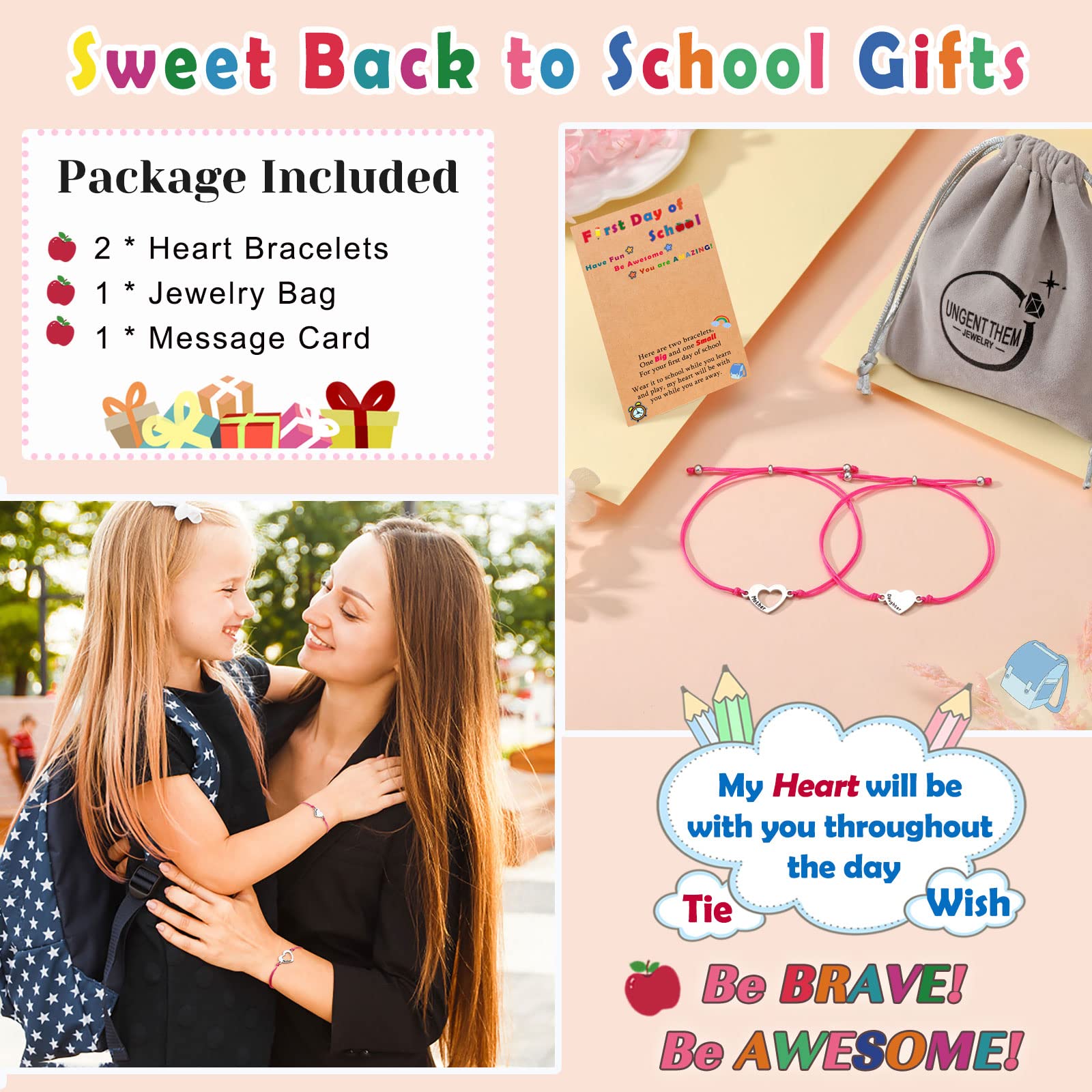 UNGENT THEM Back to School Bracelet Mommy and Me First Day of School Bracelet for Mom and Daughter Girls, Mother Daughter Matching Heart Bracelets, Back to School Gifts