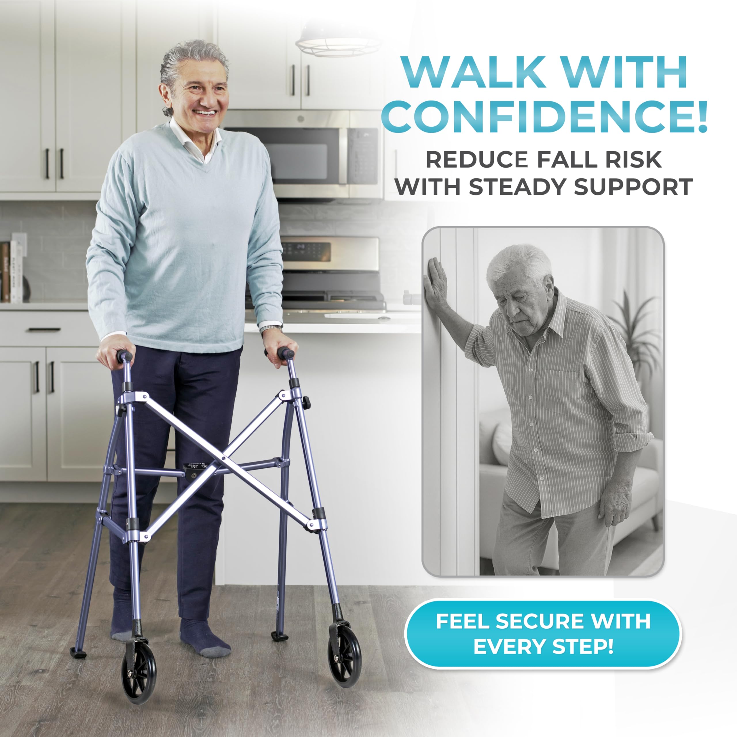 Stander Space Saver Walker, Lightweight Folding Rolling Mobility Aid for Seniors & Adults, Compact 2-Wheel Disability Device with 6-inch Wheels & Ski Glides for Walking Support, Cobalt Blue