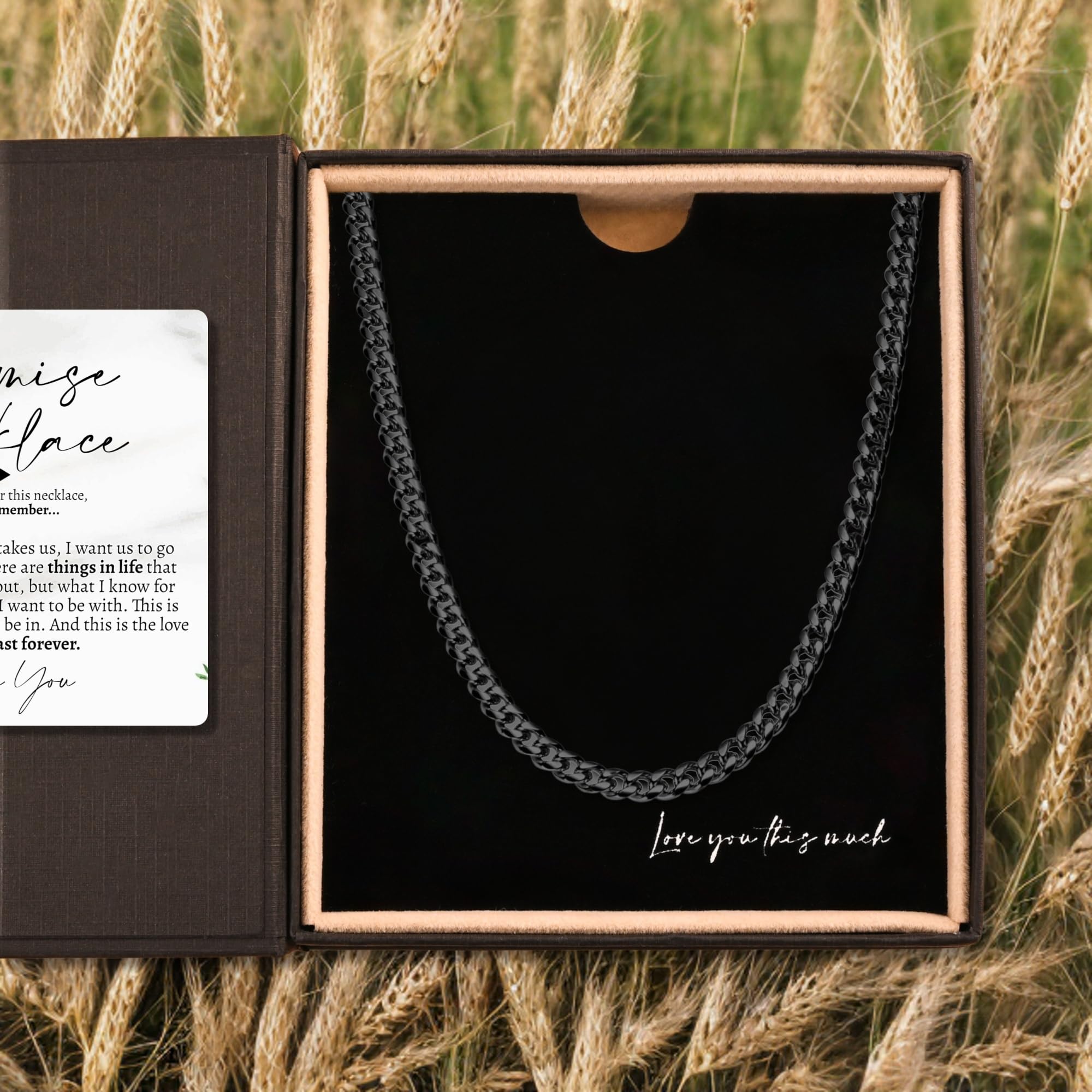 Love You This Much Promise Cuban Chain Necklace for Him, 7mm Thick, Sentimental Gift for Him, BF Gift for Birthday, Gift Ideas for Boyfriend (Titan Black Finish)