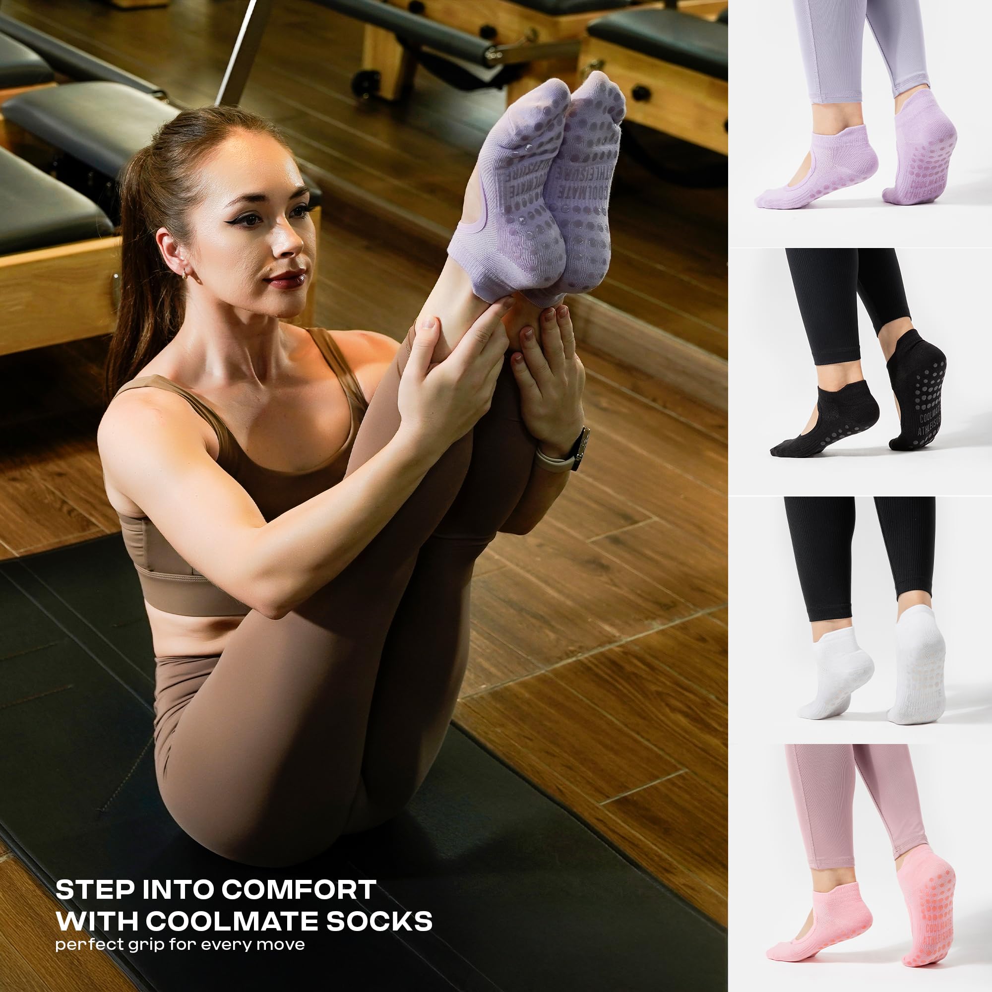 CoolMate Pilates Socks with Grips for Women, Yoga Socks, Crew Non Slip Women for Workout, Barre, Pilates Gifts (US, Numeric, 6, 10, Regular, Regular, 4 Pairs Open Top Pink/White/Light Purple/Black)