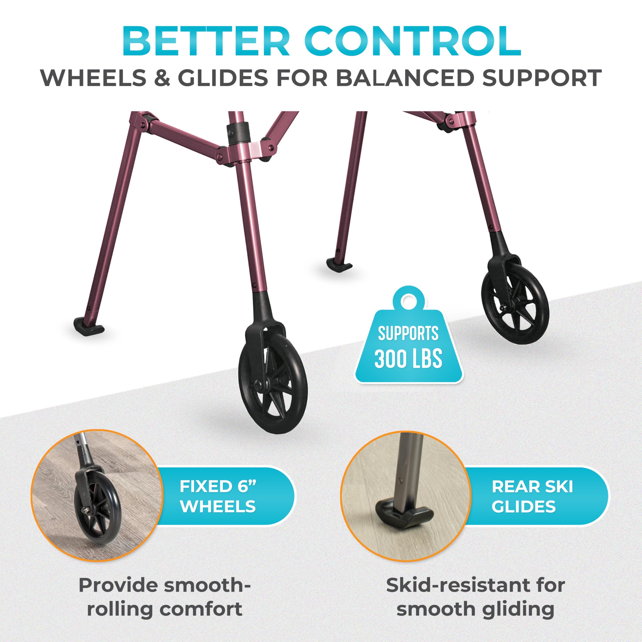 Stander Space Saver Walker, Lightweight Folding Rolling Mobility Aid for Seniors & Adults, Compact 2-Wheel Disability Device with 6-inch Wheels & Ski Glides for Walking Support, Regal Rose