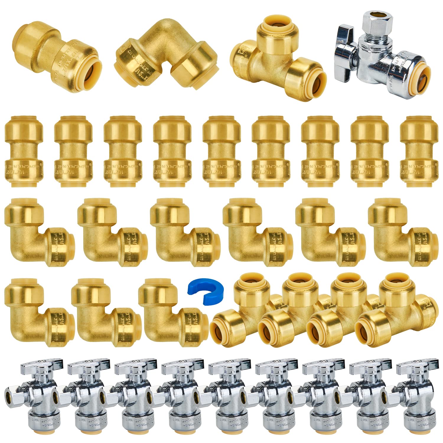 SUNGATOR Push Plumbing Fitting Kit 1/2 Inch, 10 Each Straight Coupling, Elbow, Angle Shut Off Valve, Tee (5 PCS), No Lead Brass Push to Connect Pex Pipe,Copper,CPVC, with 1 Disconnect Clip, Pack of 35