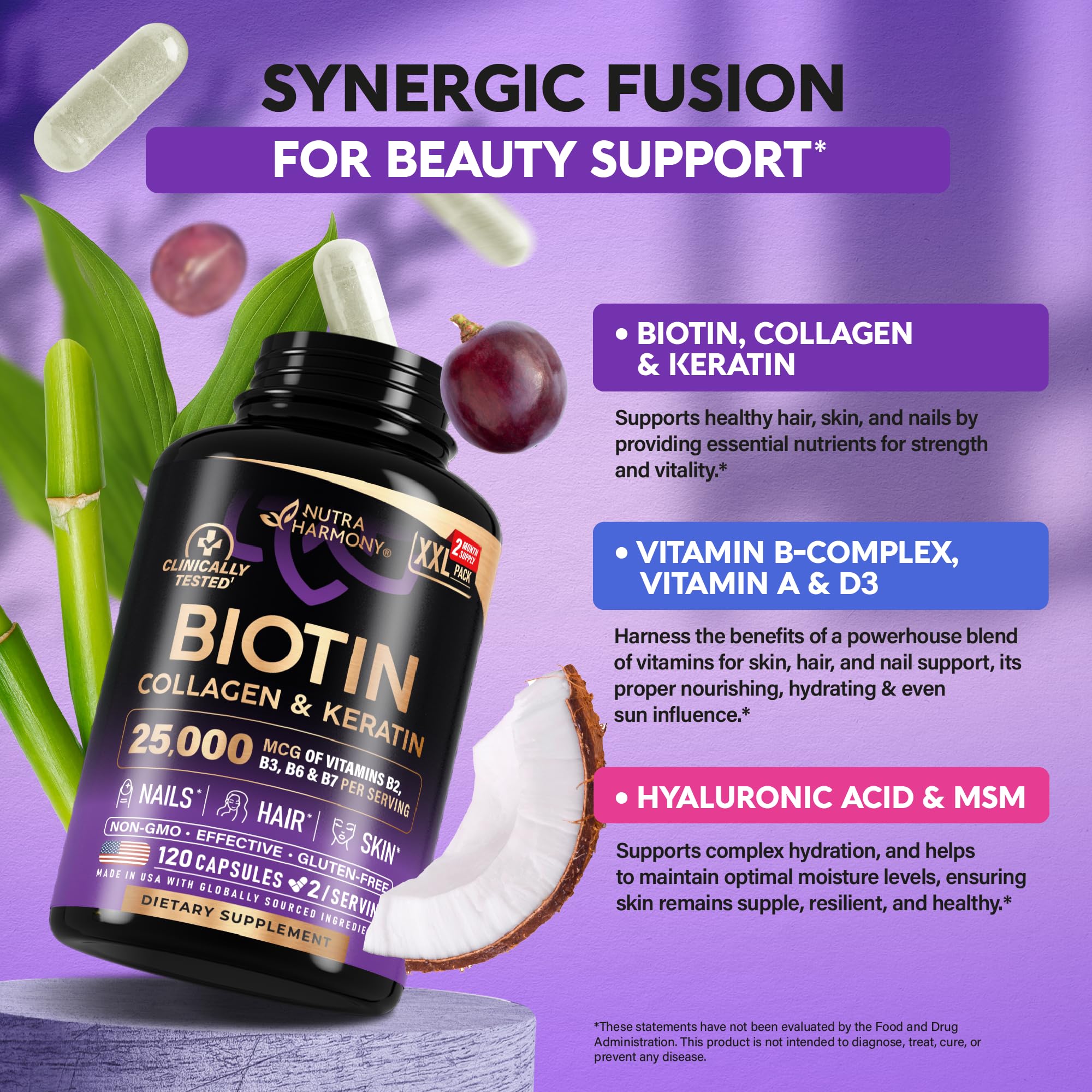 Biotin | Collagen | Hyaluronic Acid | Keratin - Clinically Tested Supplement - Hair Growth Support, Skin & Nails - 25000 mcg Vitamins B2, B3, B6 & B7 + B1 - Made in USA - Women & Men | 120 Capsules