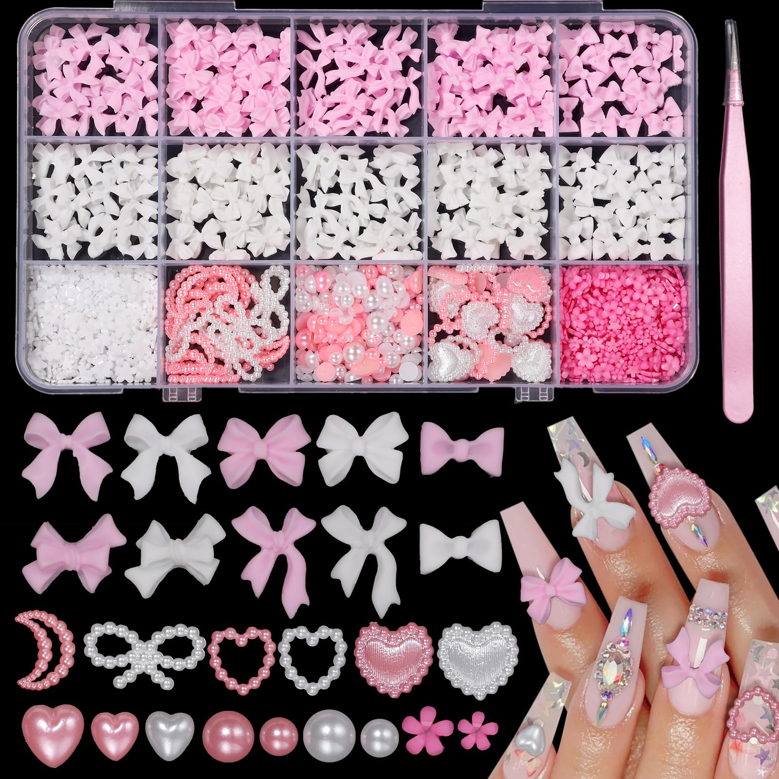 Pink&White Bows Assorted Nail Charms, 3D Acrylic Nail Charms and Flatback Pearls Nail Charms, Mixed Styles Bow Heart Flowers Color Nail Art Charms for Nail Art Manicure DIY Crafts Jewel Accessories
