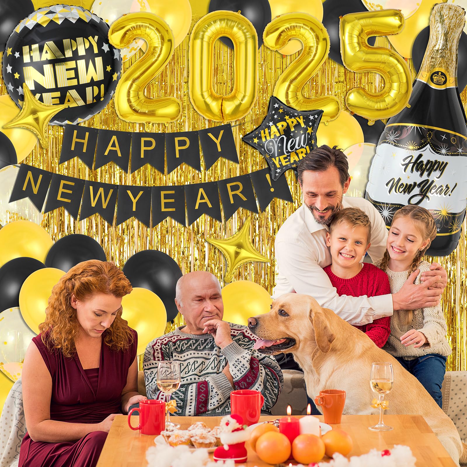 New Year Eve Party Supplies 2025 - Happy New Year Decorations with 2025 Foil Balloon, Happy New Year Banner, Latex Balloon and Gold Foil Curtain Backdrop(Black Gold)