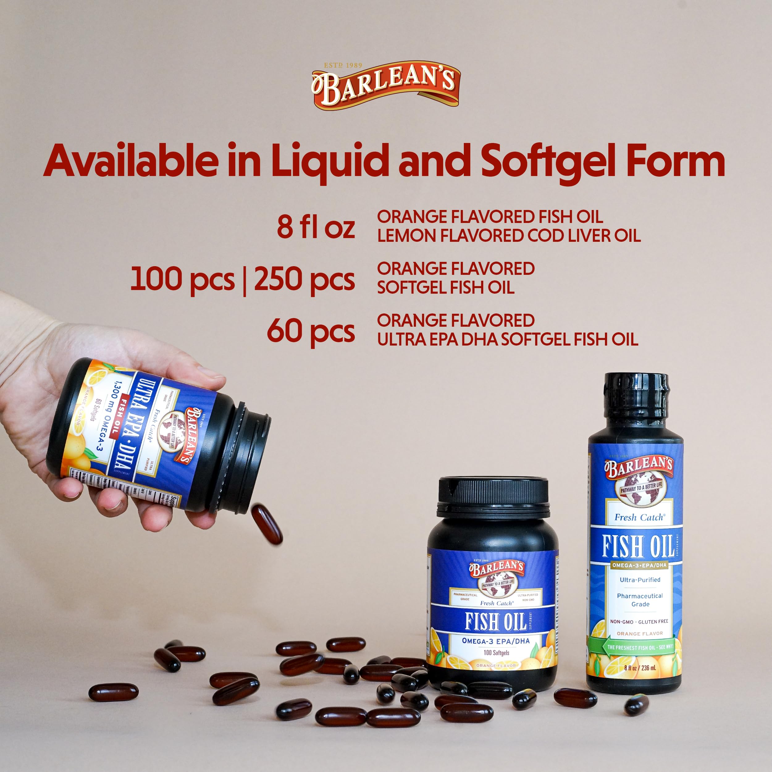 Barlean's Omega 3 Fish Oil Supplements, 1000mg Fish Oil Pills with EPA & DHA, Softgels for Joint, Brain, & Heart Health, Orange Flavored, 250 Count