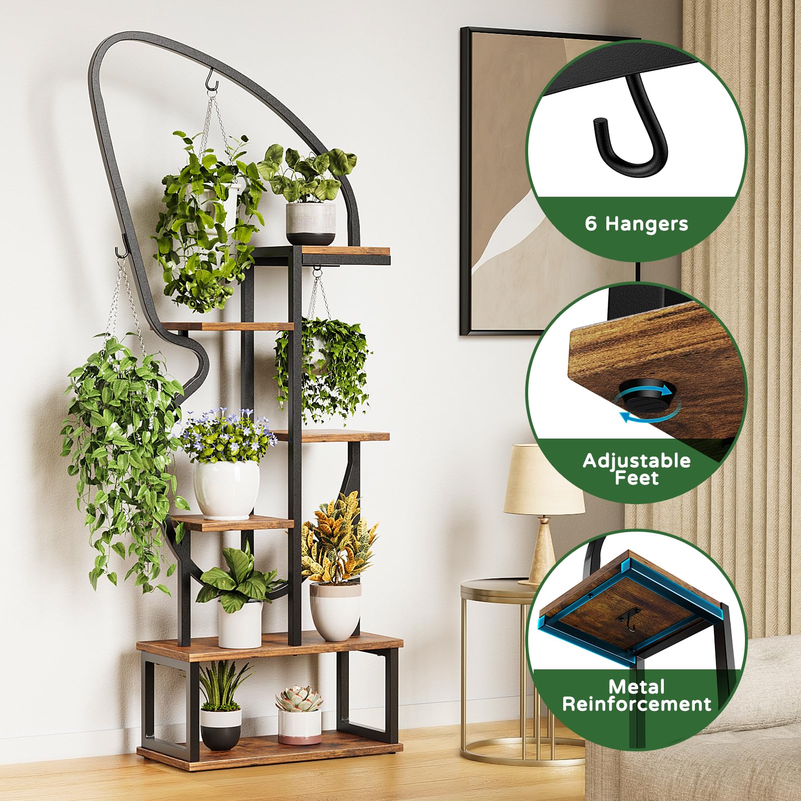 6 Tier Plant Stand Indoor Butterfly-Shaped, Tall Metal Plant Stand with 6 Plant Hooks & 12 Boards, Large Ladder Plant Shelf with Adjustable Feet for Living Room, Balcony, Garden, Art Studio (2 Pack)