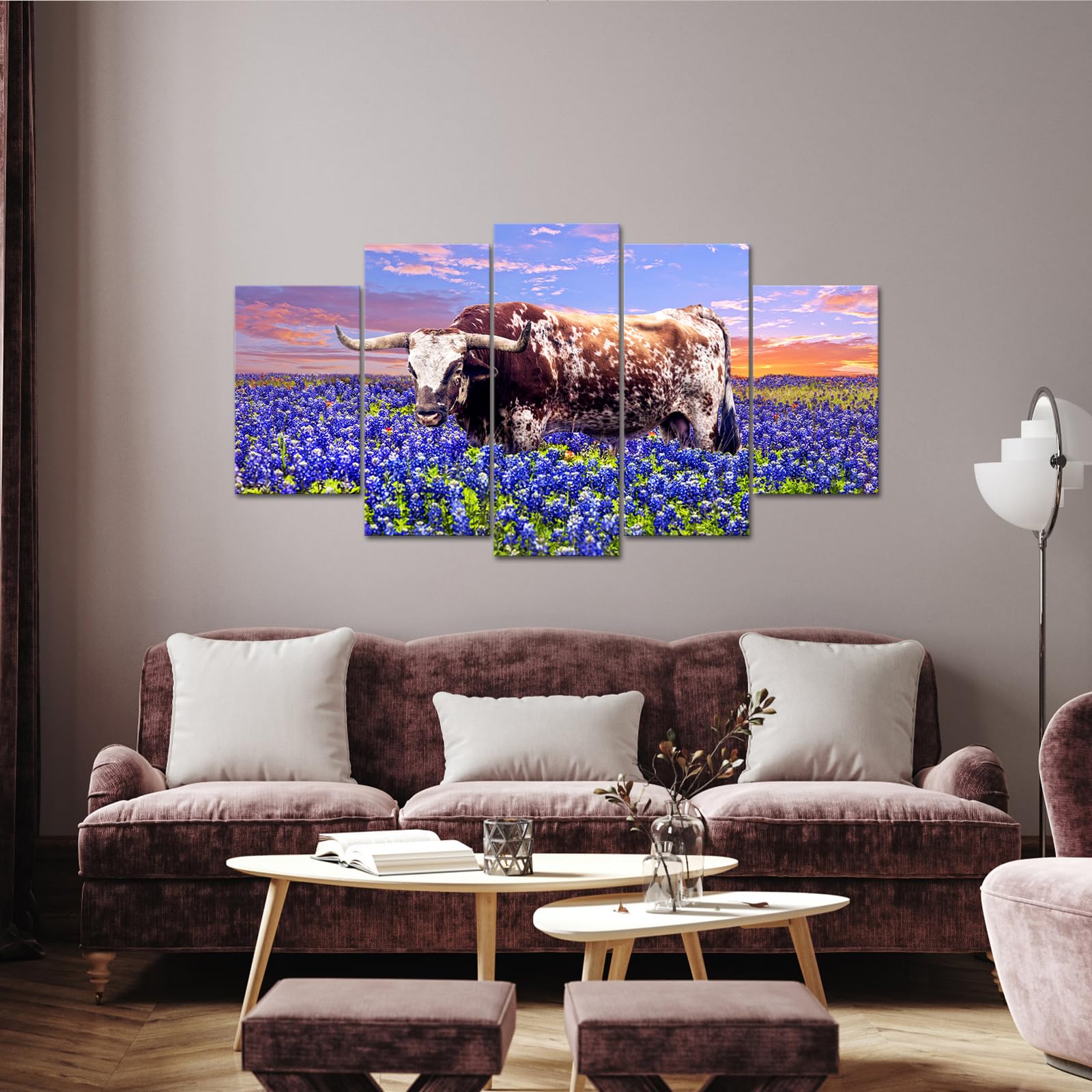 RyounoArt Lonhorn Canvas Wall Art Texas Bluebonnet Field Painting Pictures Texas Farm Artwork for Home Living Room Office Wall Decor Ready to Hang