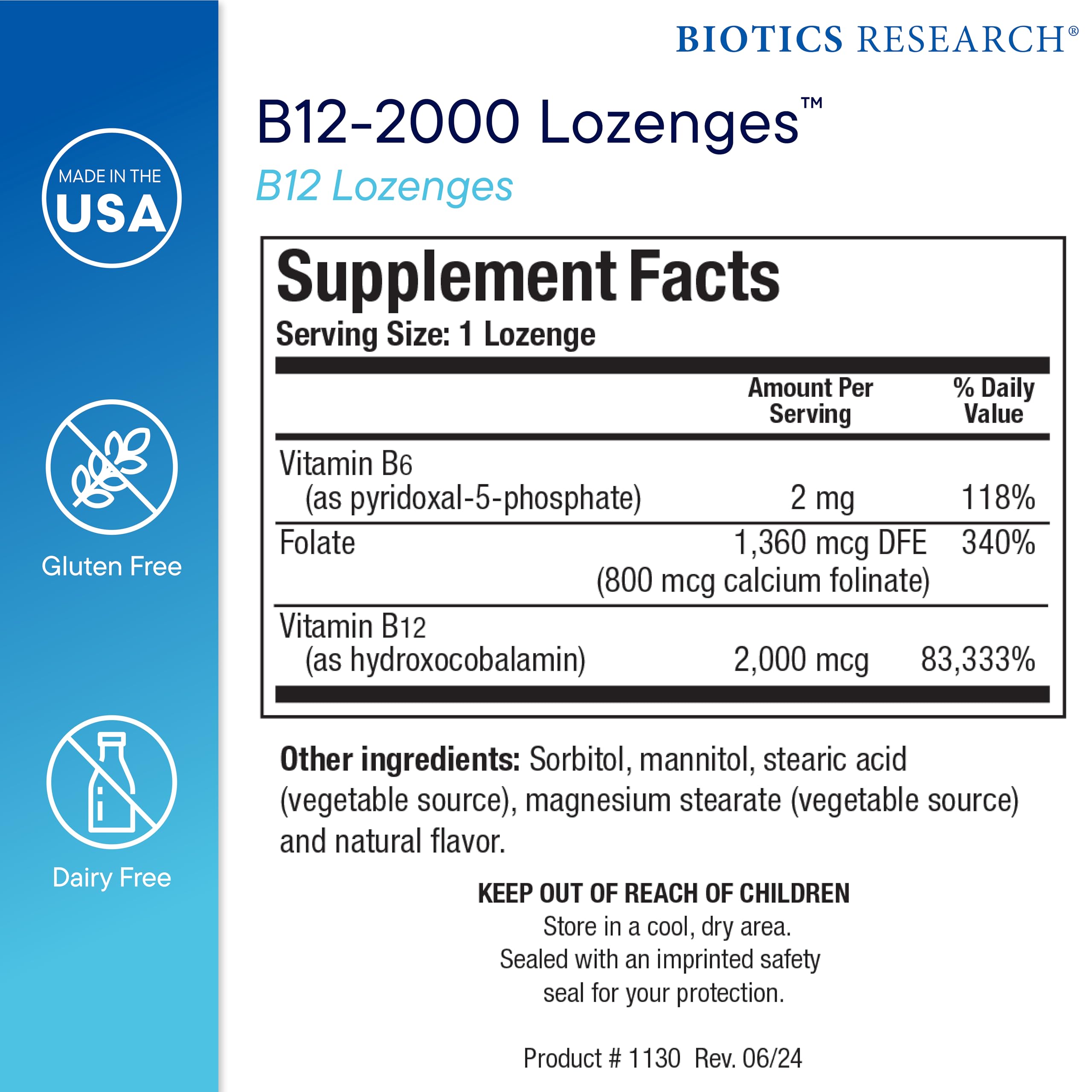 Biotics Research B12-2000™ Vitamin B12 2000 mcg, B6, Folate Supplement - Supplies high Potency Level of B6, B12 Vitamins and folate - Natural, Delicious Berry Flavor, Dissolves Easily -60 Lozenges