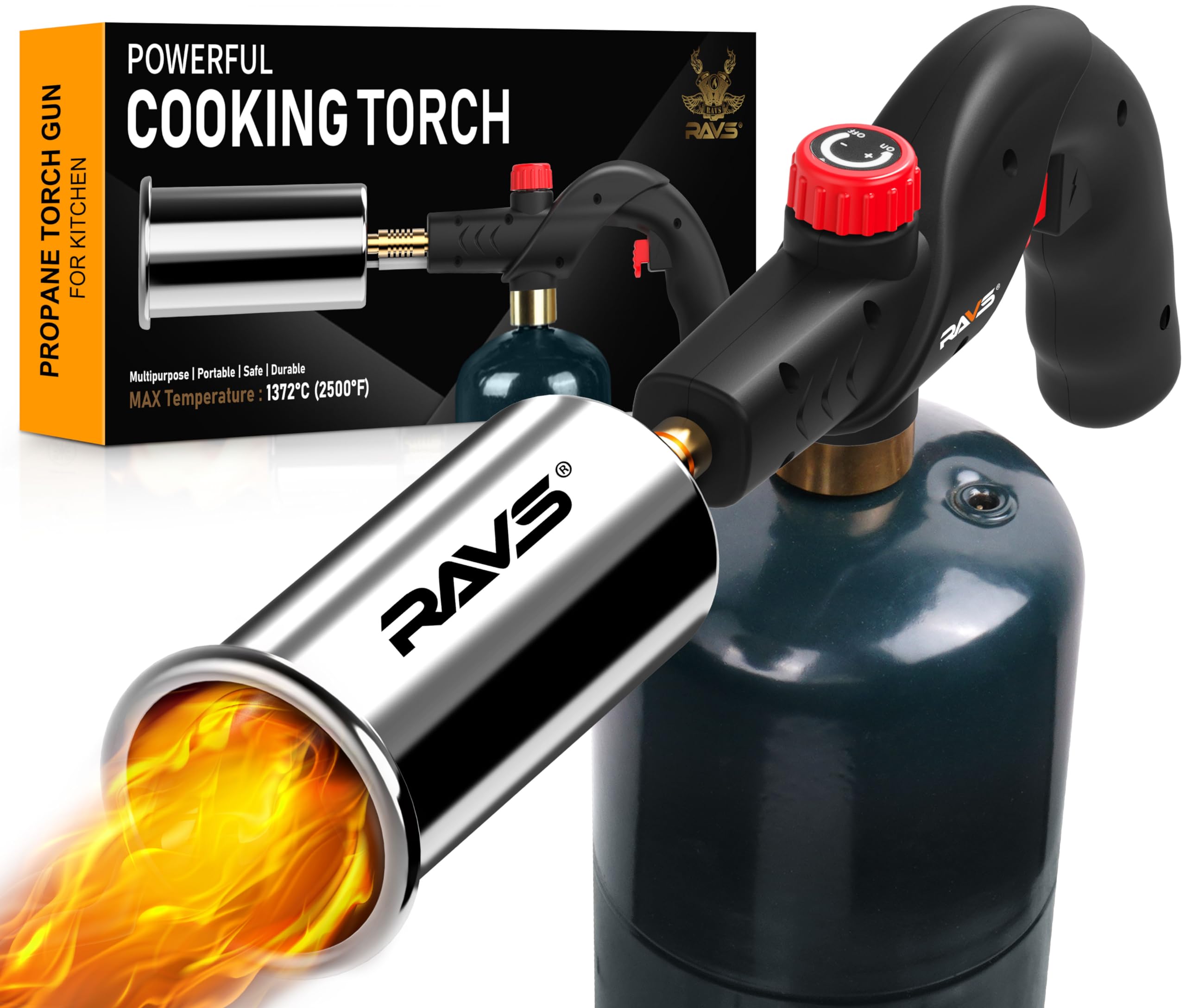 ravs POWERFUL Propane Cooking Torch, Searing Torch for Sous Vide, Steak, BBQ Grill Gun Kitchen Blow Torch, Handheld Culinary Torch for Creme Brulee, Campfire Charcoal Starter -Gas Tank Not Included