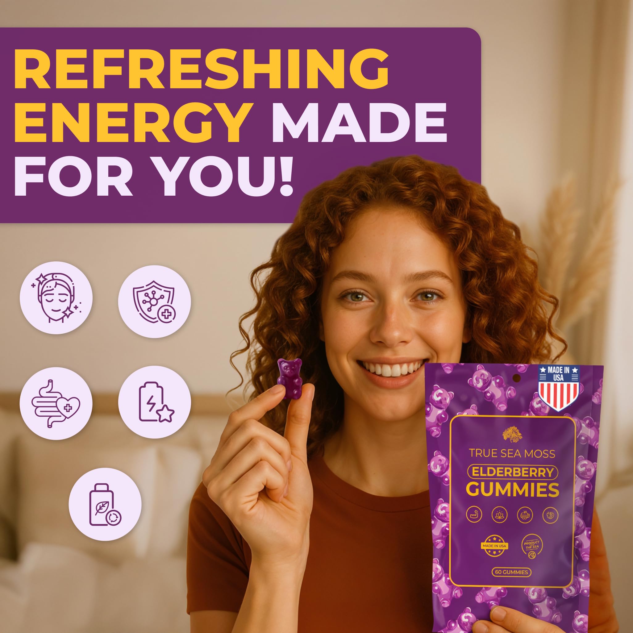 TrueSeaMoss Sea Moss Elderberry Gummies for Adults & Kids - Magnesium, Burdock Root & Bladderwrack – Supports Immune, Boost Energy, Skin & Hair Health, Detox – Made in USA - 60 Vegan Gummies
