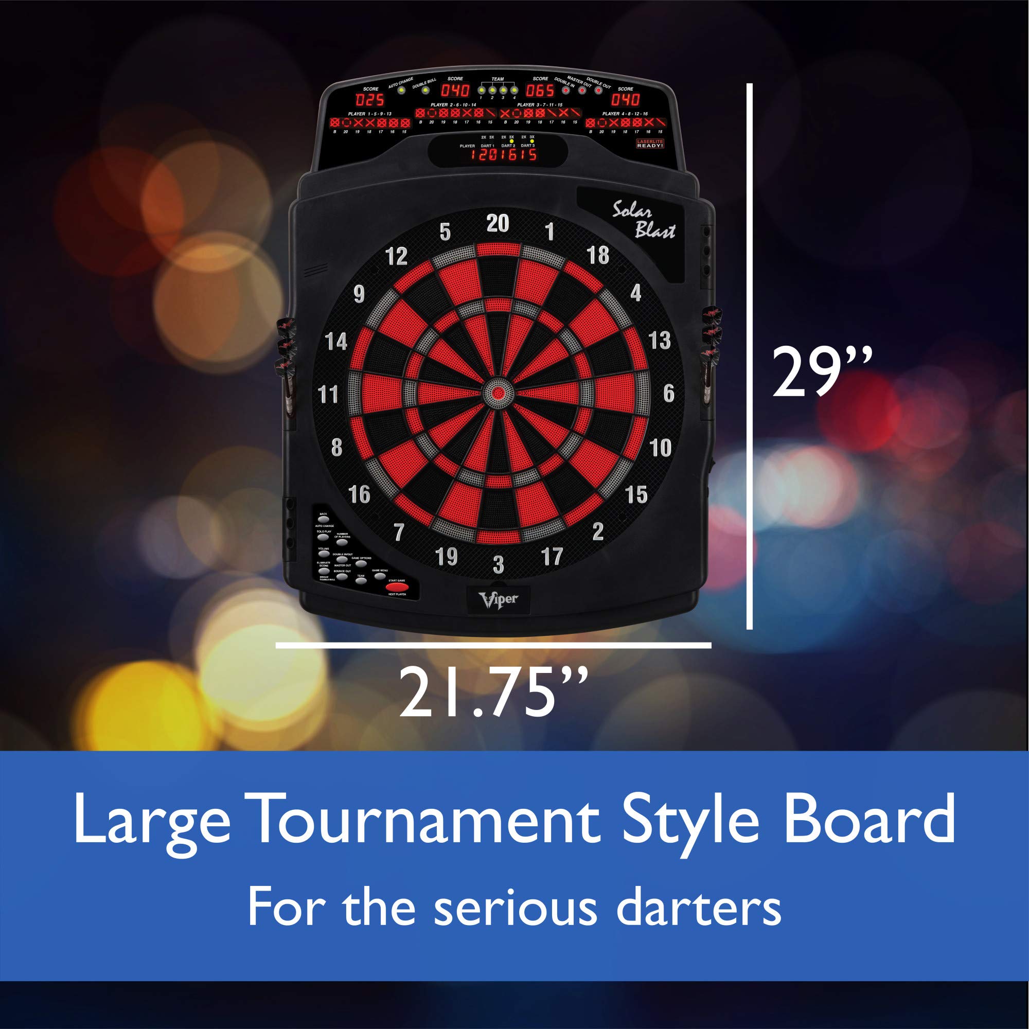 Viper Solar Blast Electronic Dartboard Deluxe Size Over 55 Games Overhead 4-Panel Auto-Scoring LED Cricket Display with Impact-Tough Nylon Target for Lasting Durability Fewer Bounce Outs with Soft Tip Darts
