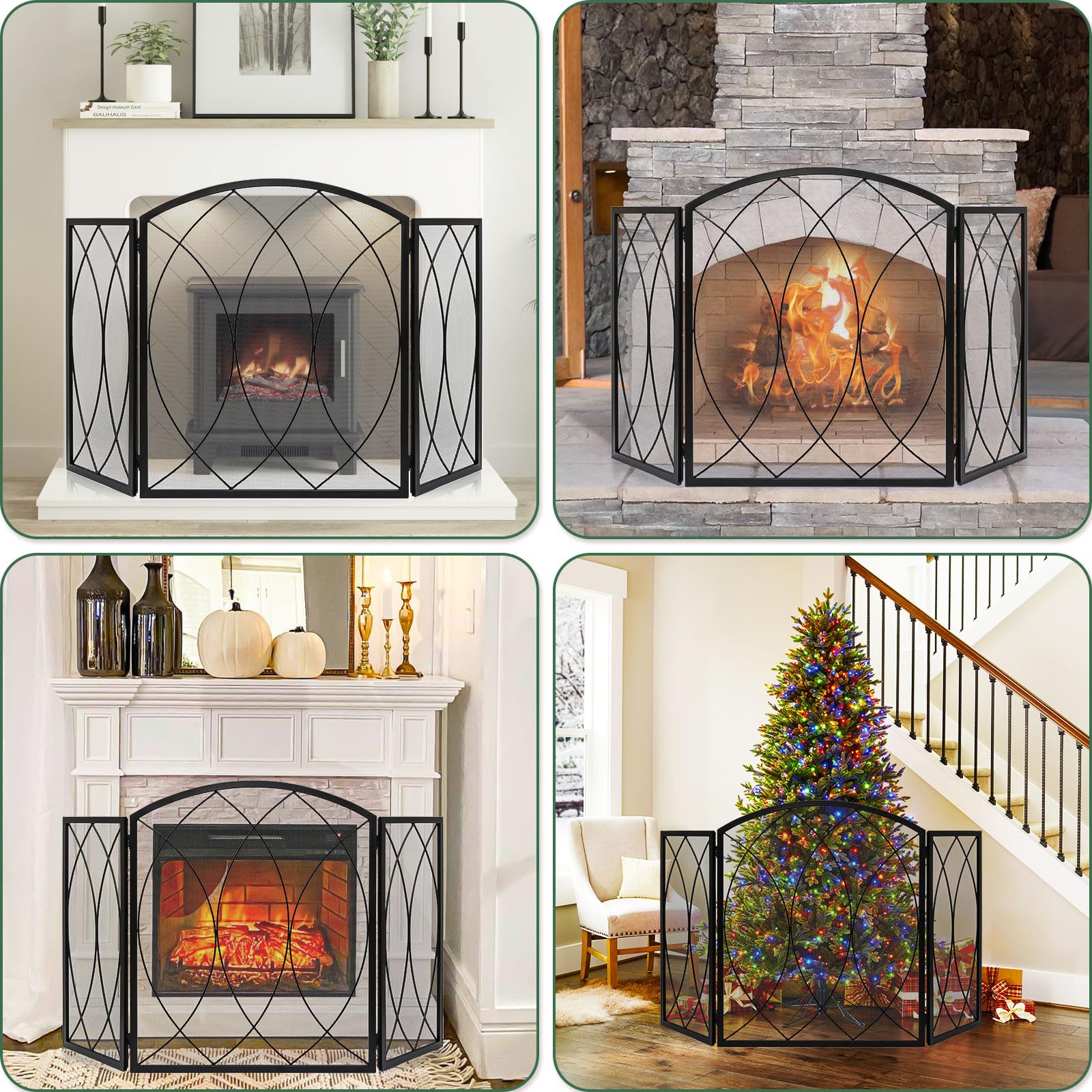 FEED GARDEN 3 Panel Fireplace Screen 48" W x 29.5" H Modern Foldable with Wrought Metal Decorative Mesh,Arch Heavy Duty Fire Spark Guard Cover for Home Decor Indoor, Black