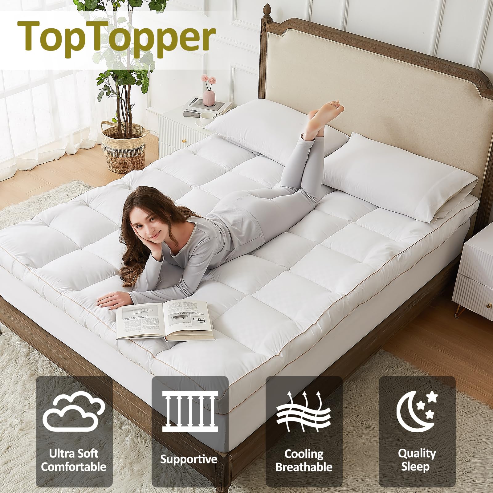 Mattress Topper Queen, Cooling Mattress Pad Cover for Hot Sleepers, Extra Thick 5D Snow Down Alternative Overfilled Plush Pillow Top with 8-21 Inch Deep Pocket -60"x80" Cream White