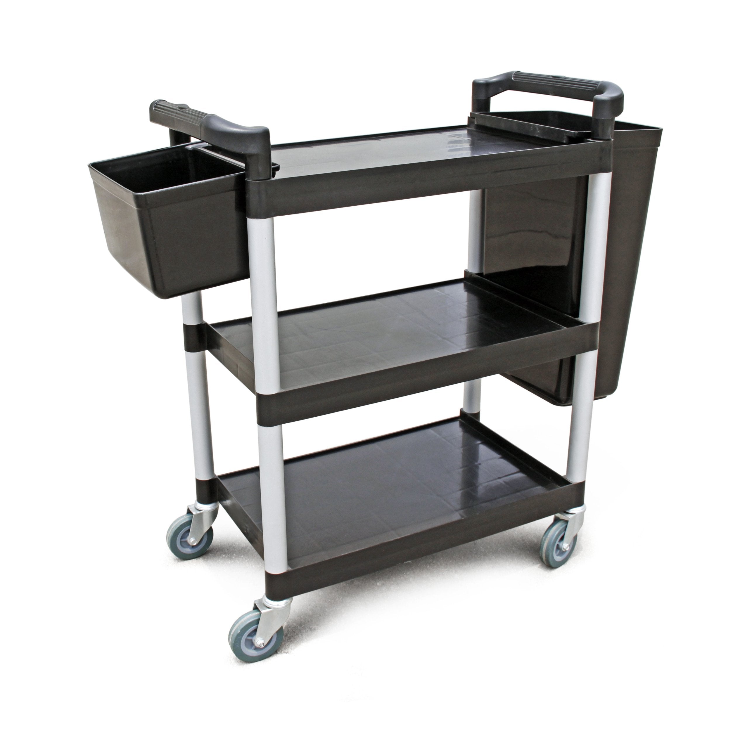 New Star Foodservice 54552 350-Pound Plastic 3-Tier Utility Bus Cart with Locking Casters, 42.5" x 19.5" x 38.5", Black