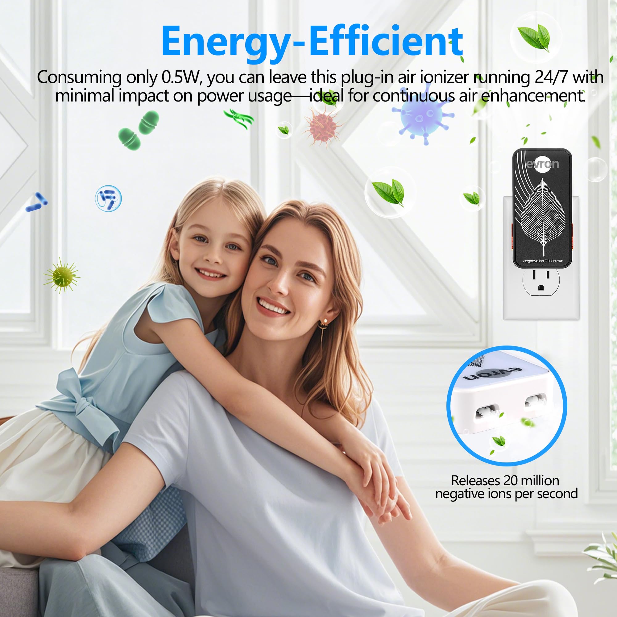 Air Ionizers for Home, Ultra-Thin Filterless Plug-In Negative Ion Generator, Foldable Plug & Dim Amber Light, 20M Ions/Sec, Up to 400 sq ft Coverage (1, Black)