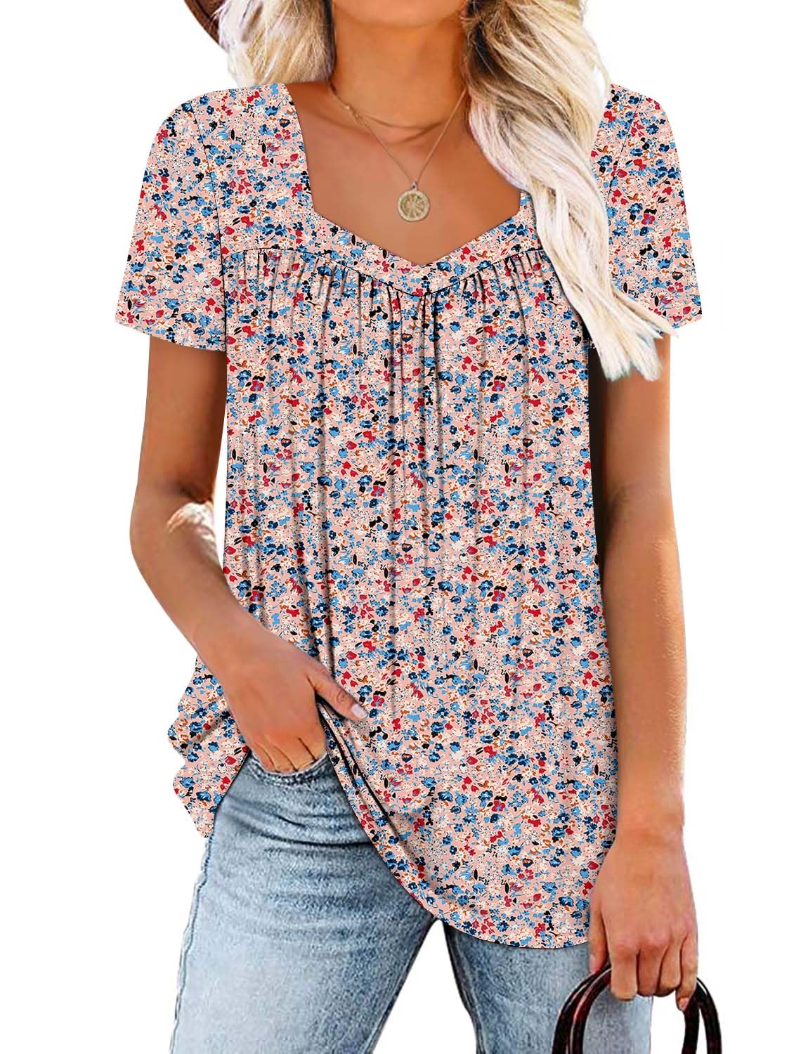 Womens Short Sleeve T Shirts Loose Fit Tunic Tops Square Neck Casual Summer Tops FleshBlue 3XL