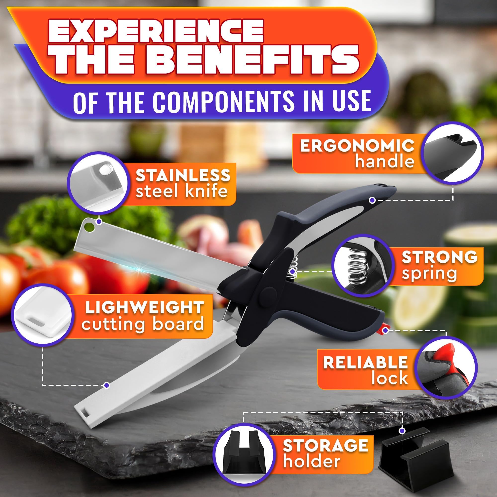 2 in 1 Kitchen Scissors for Food – Stainless Steel Blade & Plastic Cutting Board Scissors with Safety Lock | 9.5" Tomato Knife, Fruit & Vegetable Cutter – Easy-to-Use Kitchen Shears for Meat, Cheese