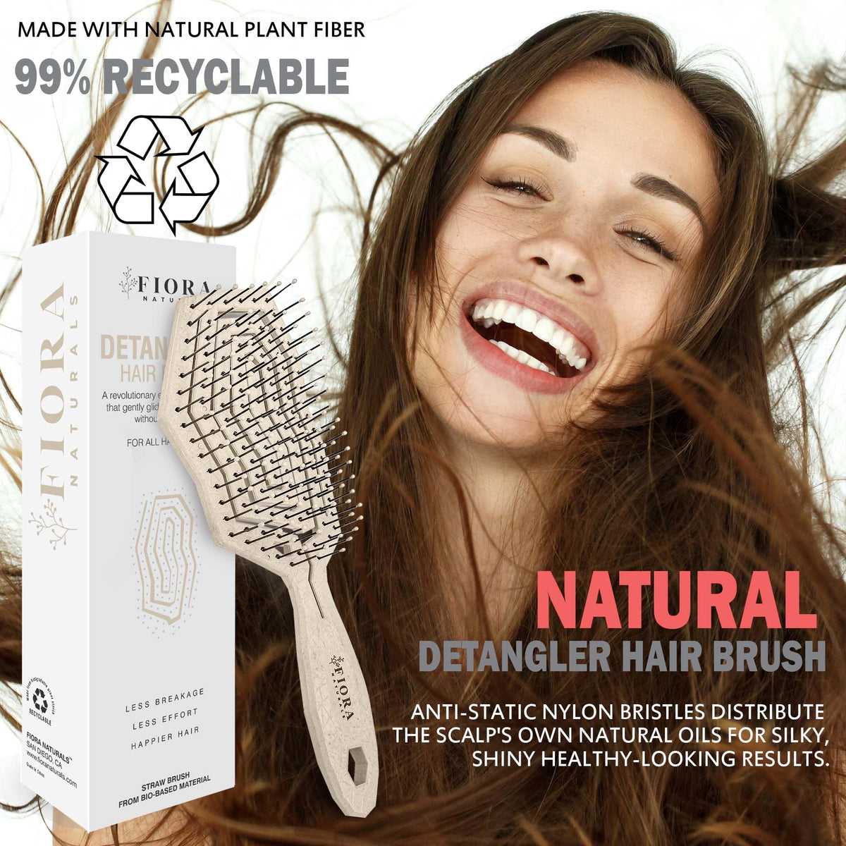Fiora Naturals Hair Detangling Brush -100% Bio-Friendly Detangler hair brush w/Ultra-soft Bristles- Glide Through Tangles with Ease - For Curly, Straight, Women, Men, Kids, Toddlers, Wet and Dry Hair