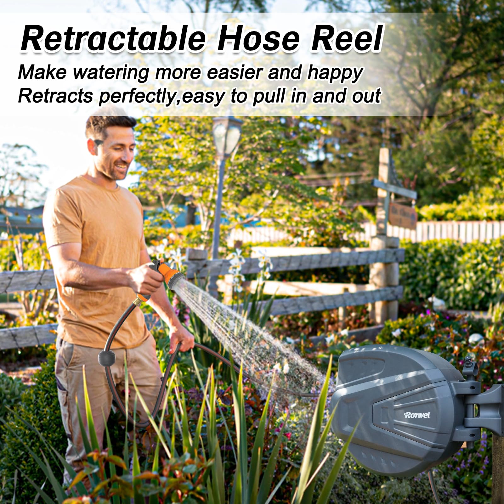 Roywel Retractable Hose Reel 1/2" X 100ft Garden Hose Reel,Auto Rewind/Self-Locking System/Wall Mounted/180°Pivot Bracket With 9- Function Sprayer Nozzle For Garden Lawn Garage watering