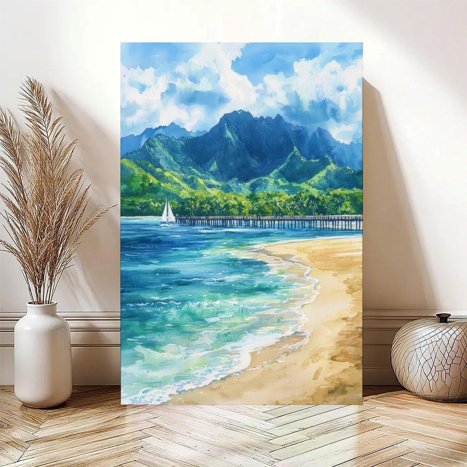 CFIOZYOS Hanalei Bay Watercolor Poster Wall Art Hanalei Bay Wall Hanging Home Décor Gift Art Lovers United States Living Room Office Bedroom Canvas Deco Frame 16x24inch