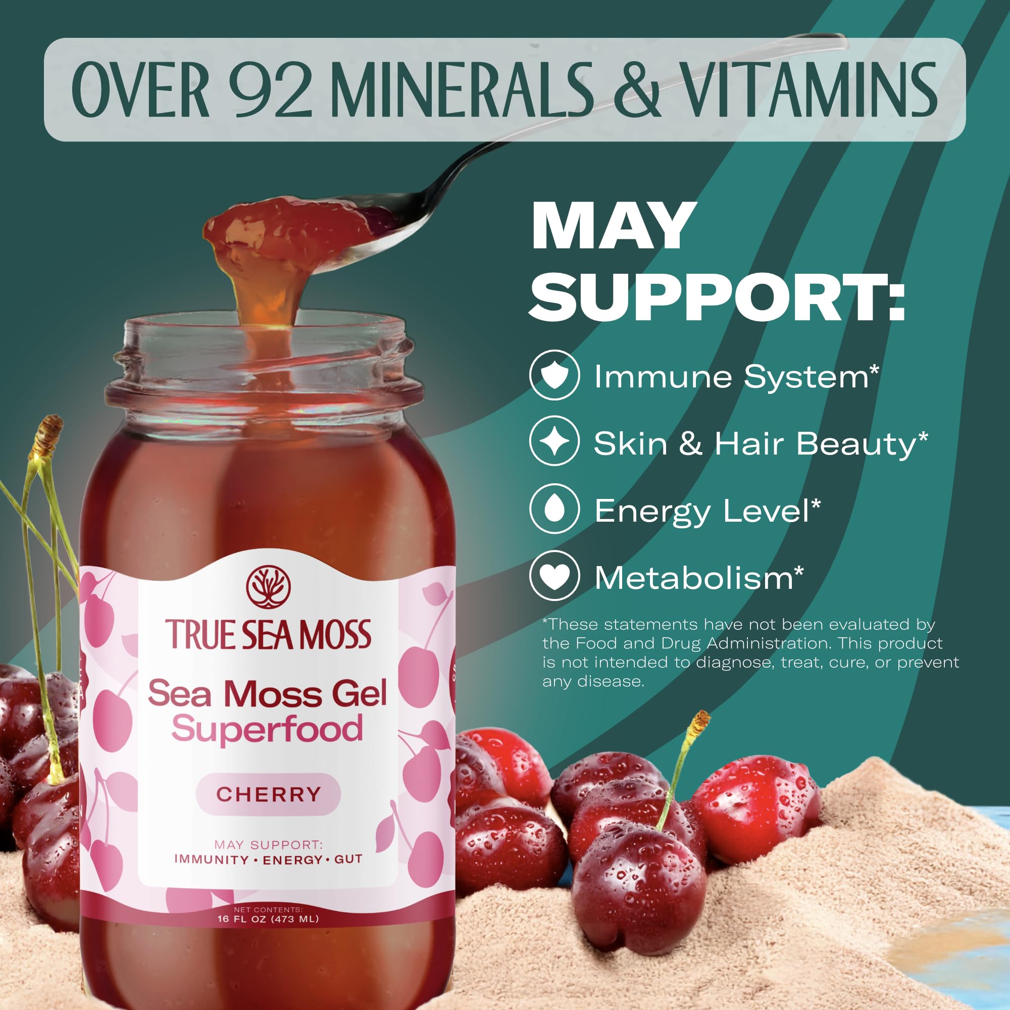TrueSeaMoss Sea Moss Gel – Made in USA – Wildcrafted Seamoss, Fresh Fruits & Sea Vegetables – Cherry, Pack of 1 (Labels may Vary)