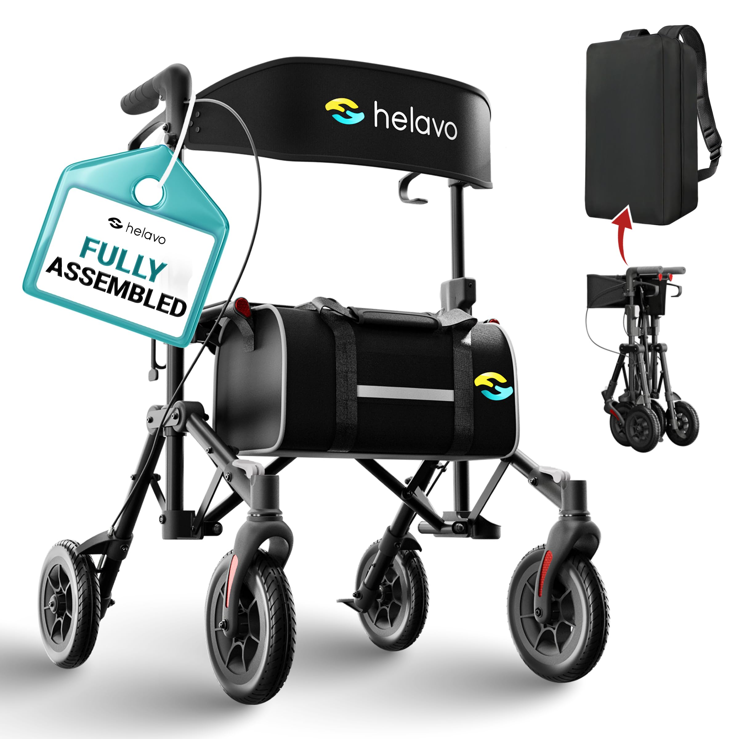 Helavo Ultra-Compact Walker for Seniors with Seat, Fully Assembled Double Folding Rollator, Travel Walker with 8" Rubber Wheels and Height Adjustable Handles