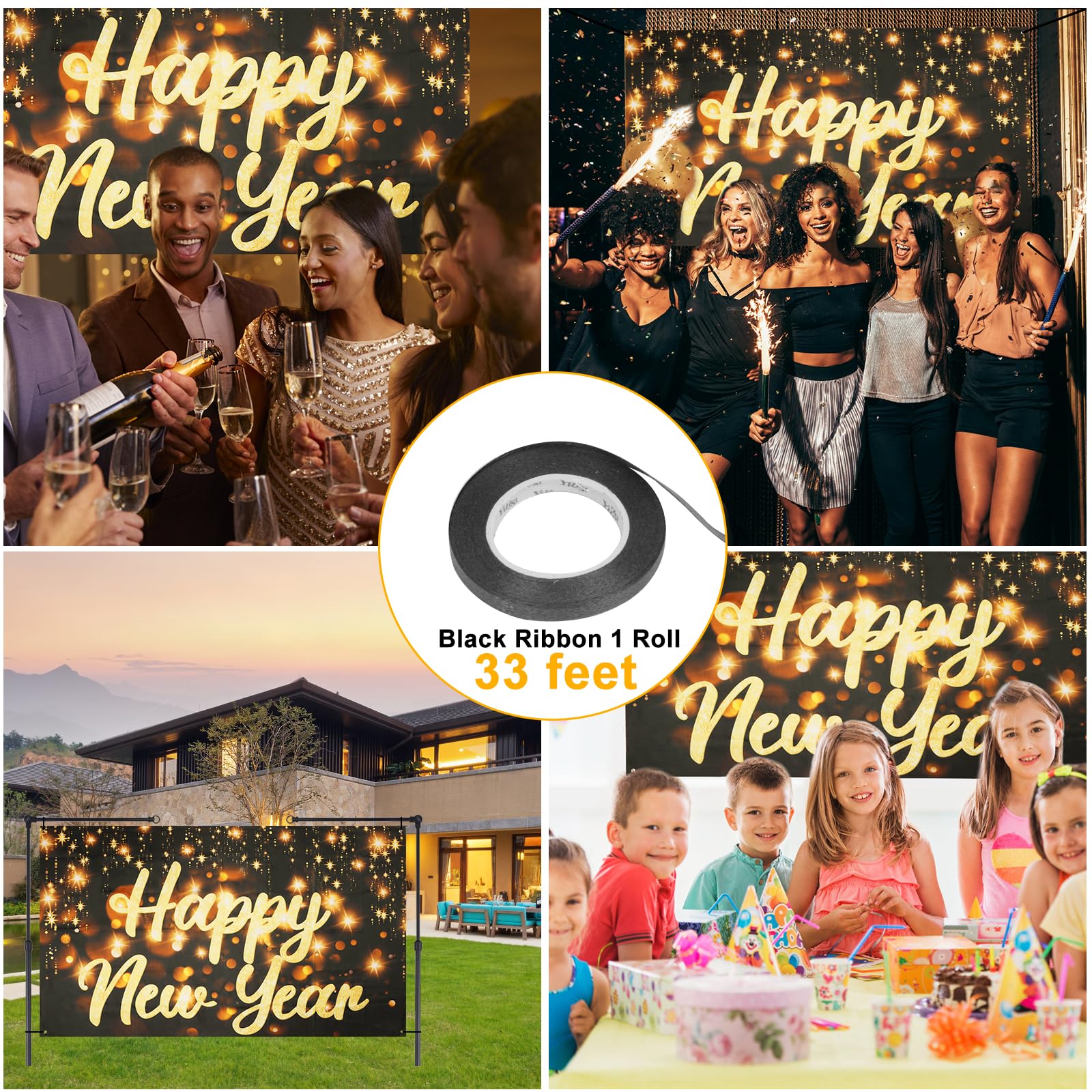 MiniRed New Year Banner, Happy New Year Backdrop Fabric Banner, XtraLarge 72 * 44 Inch New Year Party Decorations Supplies 2025