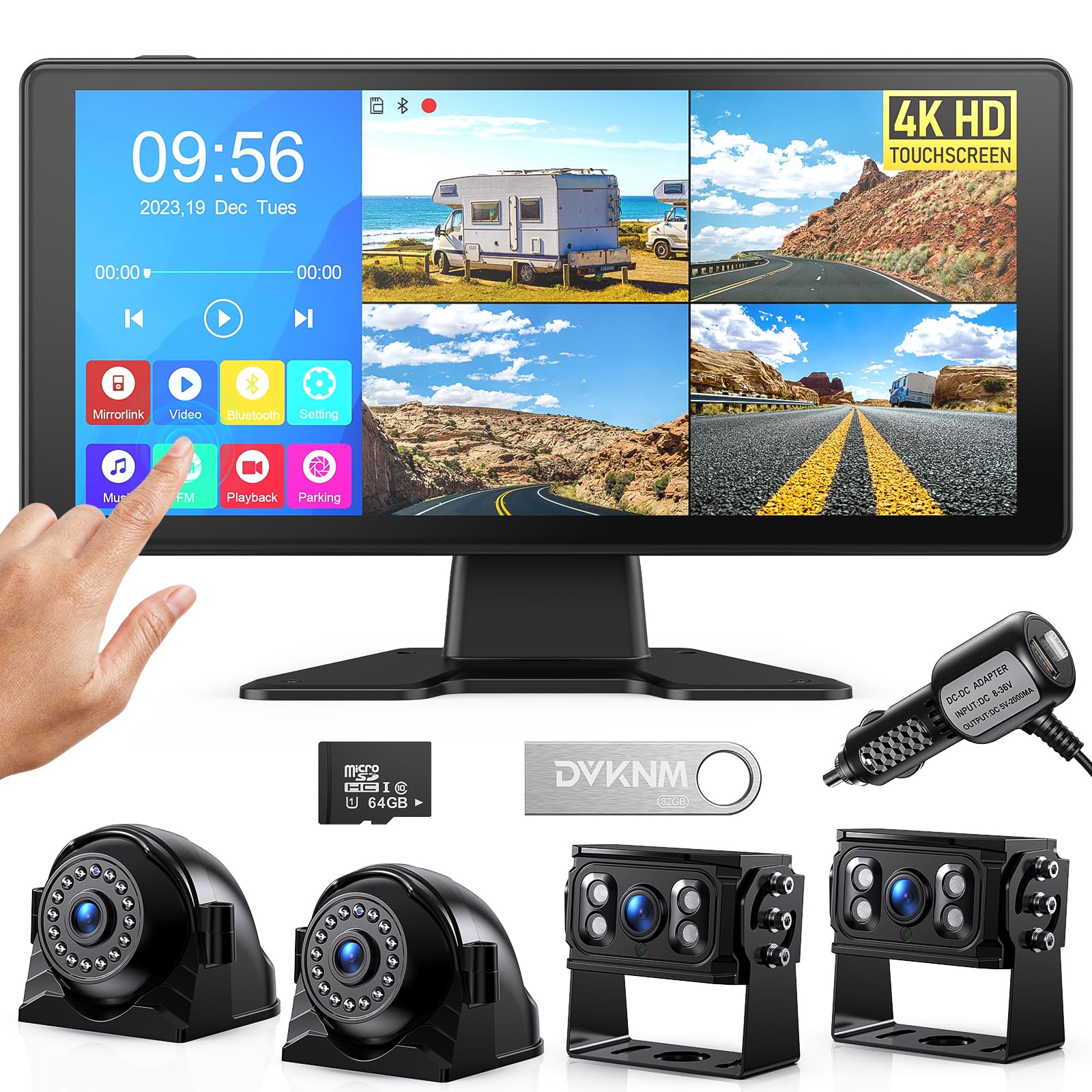 DVKNM 4K RV Backup Camera System 10.36" Quad Split Touchscreen Monitor 4 1080P HD Rear View Cameras DVR Recording Bluetooth Music USB Video Play IP69 Waterproof Night Vision for Trailer RV Truck etc