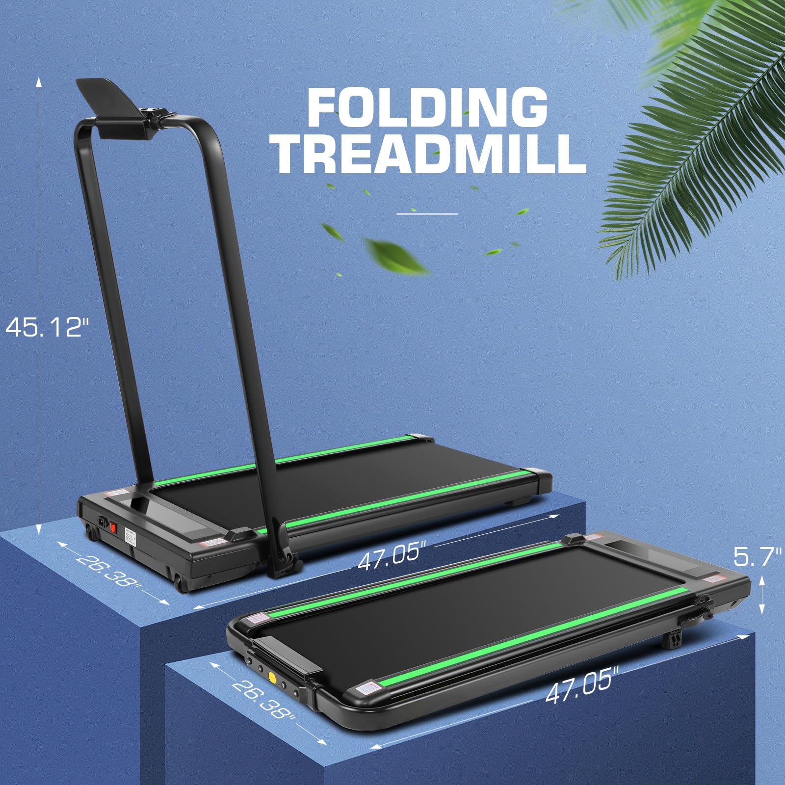 ANCHEER Folding Treadmill with Incline, 2.5HP Under Desk Treadmill for Home, 300lbs Low Noise Walking Pad with Remote Control and Handle Bar, Forest Green