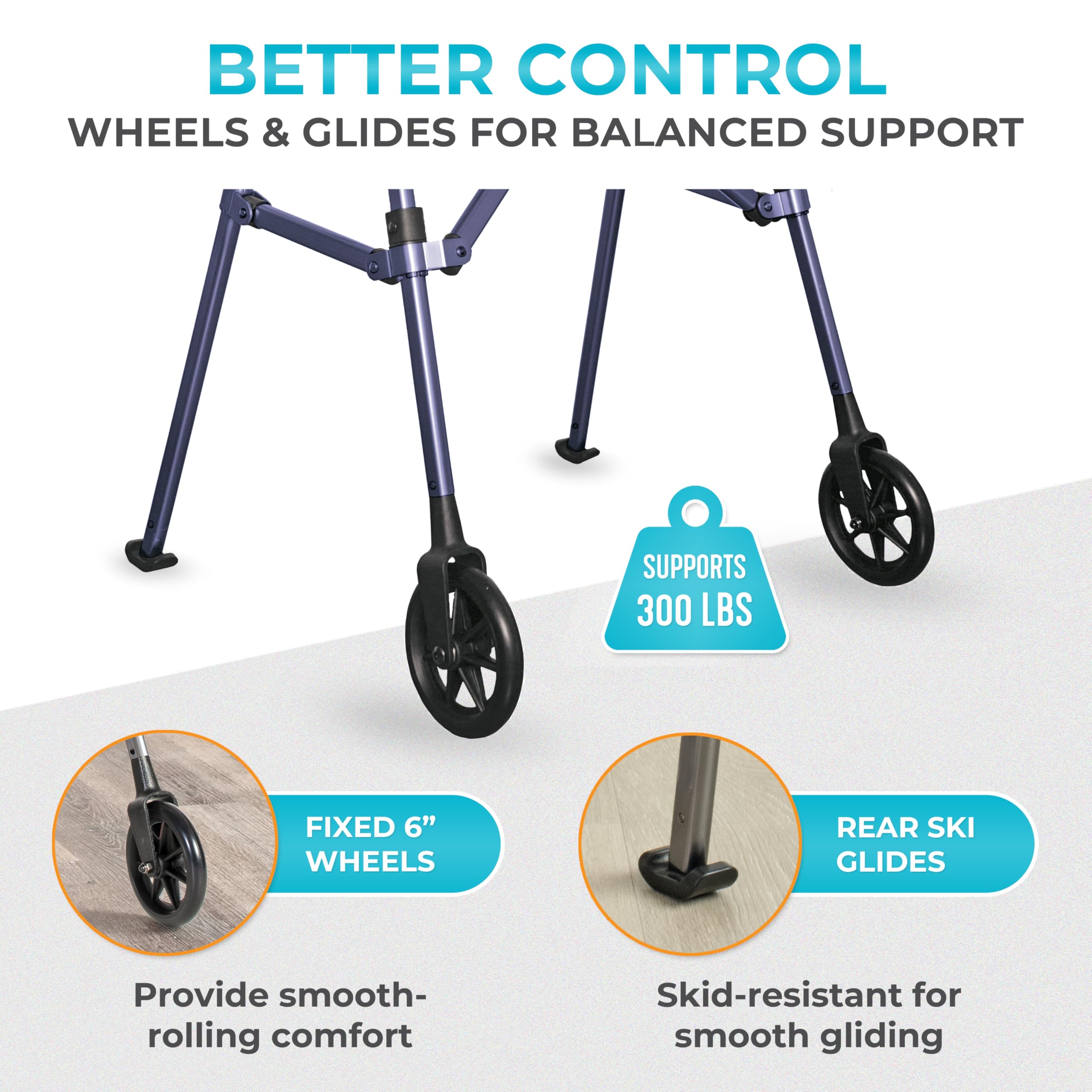 Stander Space Saver Walker, Lightweight Folding Rolling Mobility Aid for Seniors & Adults, Compact 2-Wheel Disability Device with 6-inch Wheels & Ski Glides for Walking Support, Cobalt Blue