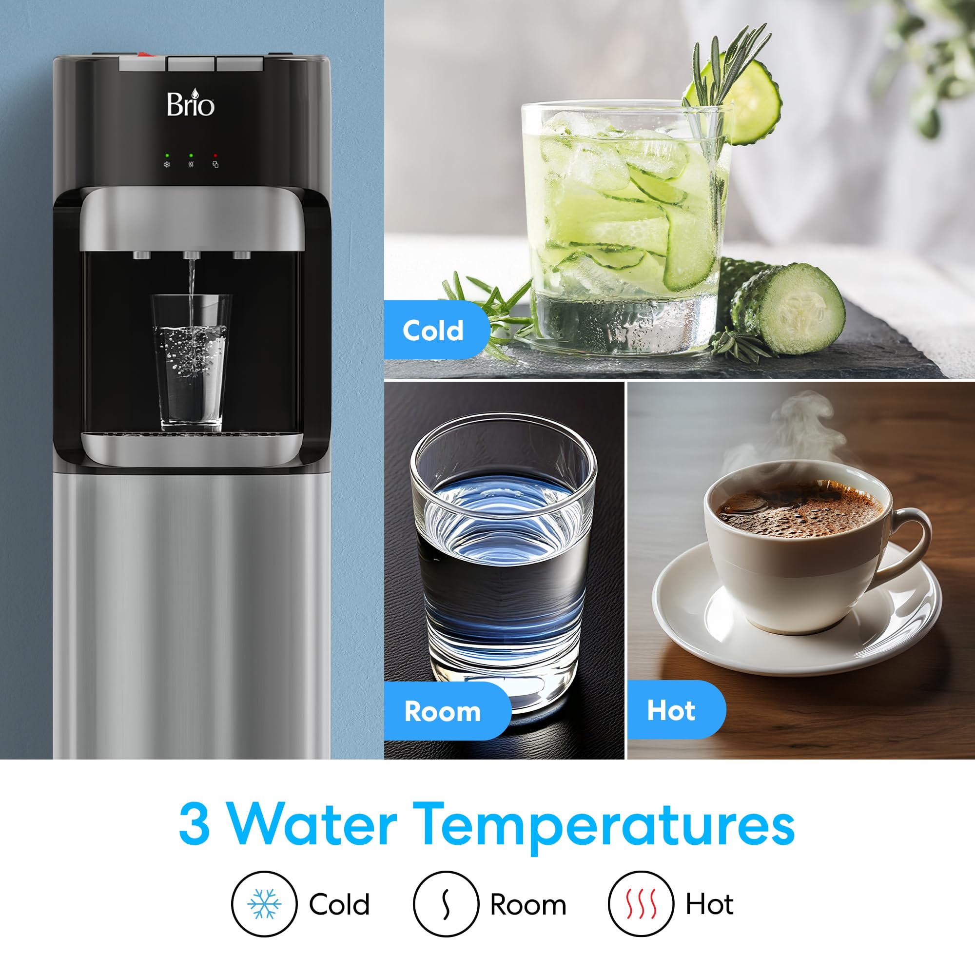 Brio Bottom Loading Water Cooler Dispenser for 5 Gallon Bottles - 3 Temperatures with Hot, Room & Cold Spouts, Child Safety Lock, LED Display with Empty Bottle Alert, Stainless Steel
