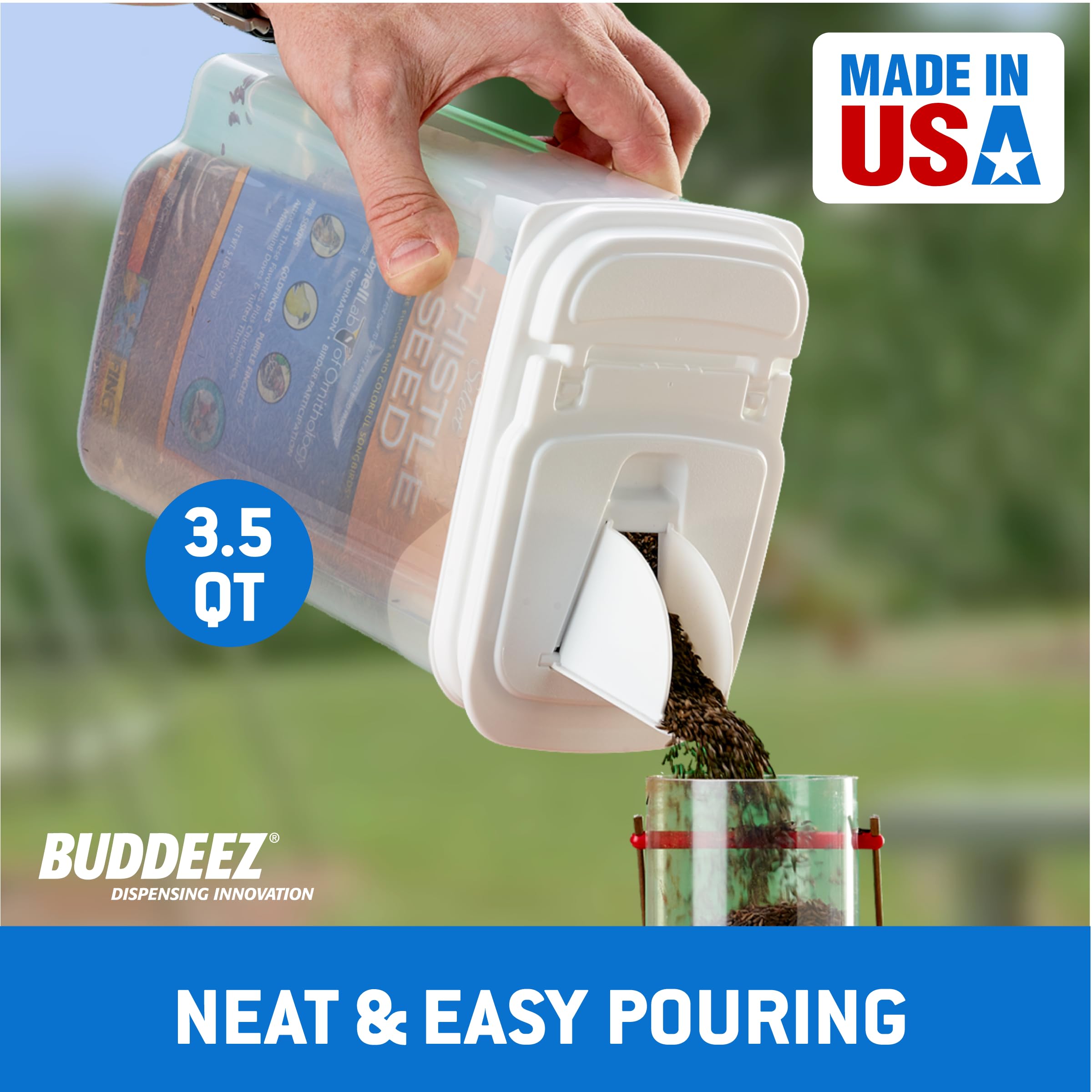 Buddeez Pet Food Storage Containers - 2 Count Bird Seed Dispenser with Pour Tight Lids and Easy Pour Spouts, 8 Qt and 3.5 Qt, Bird Seed Storage for Small and Large Feed, BPA Free
